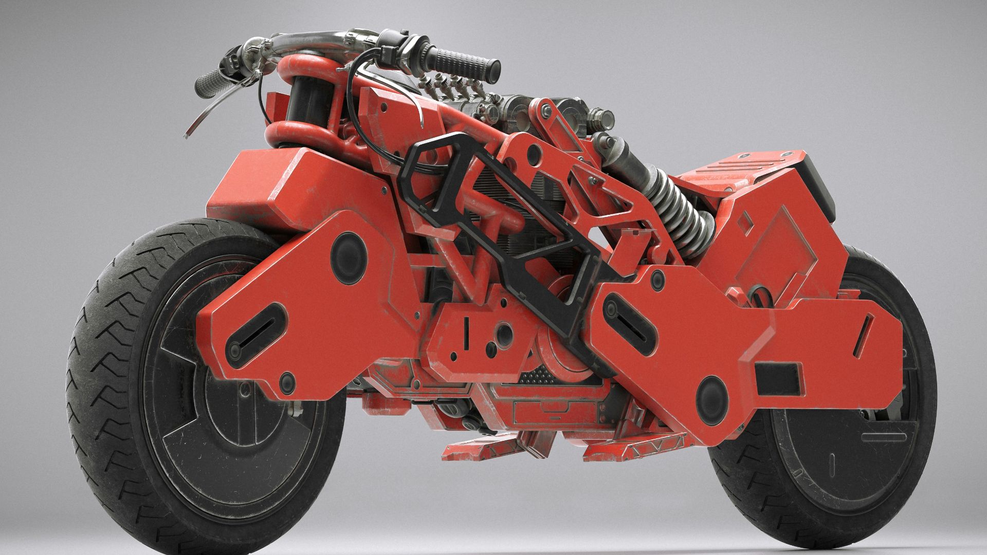 a red and black motorcycle on a gray background