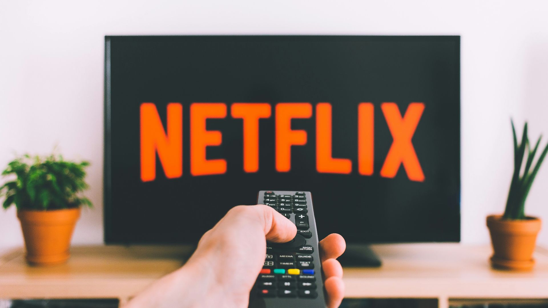 person holding remote pointing at TV