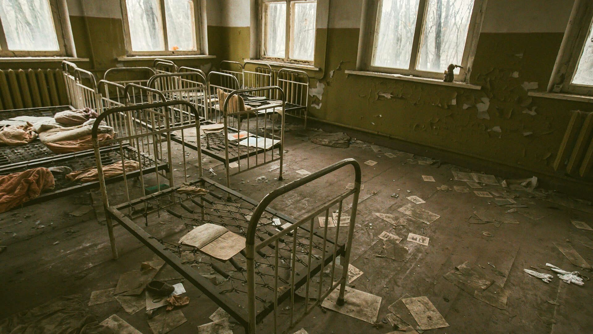 empty room with bed frames