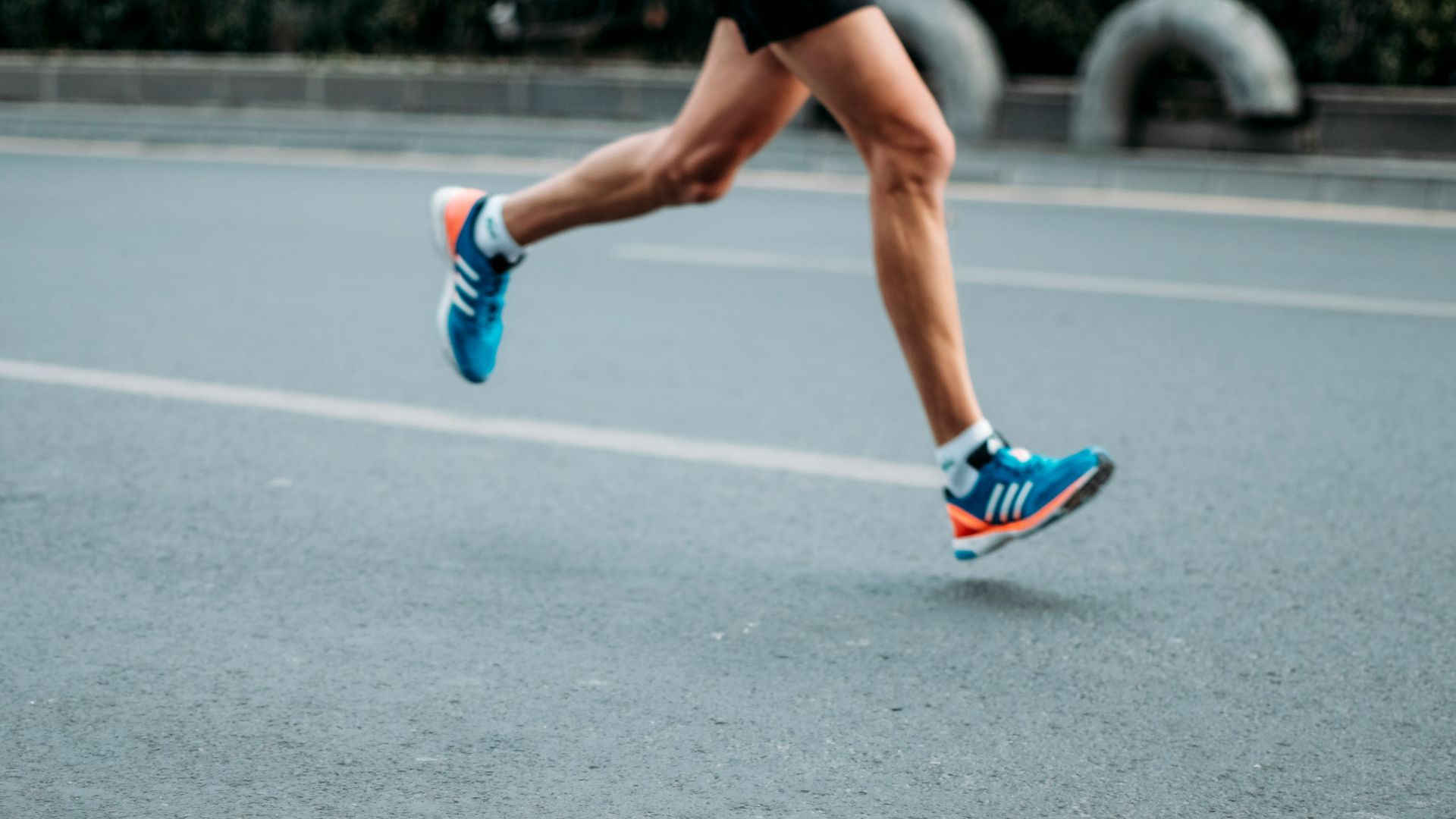 pair of blue-and-white Adidas running shoes