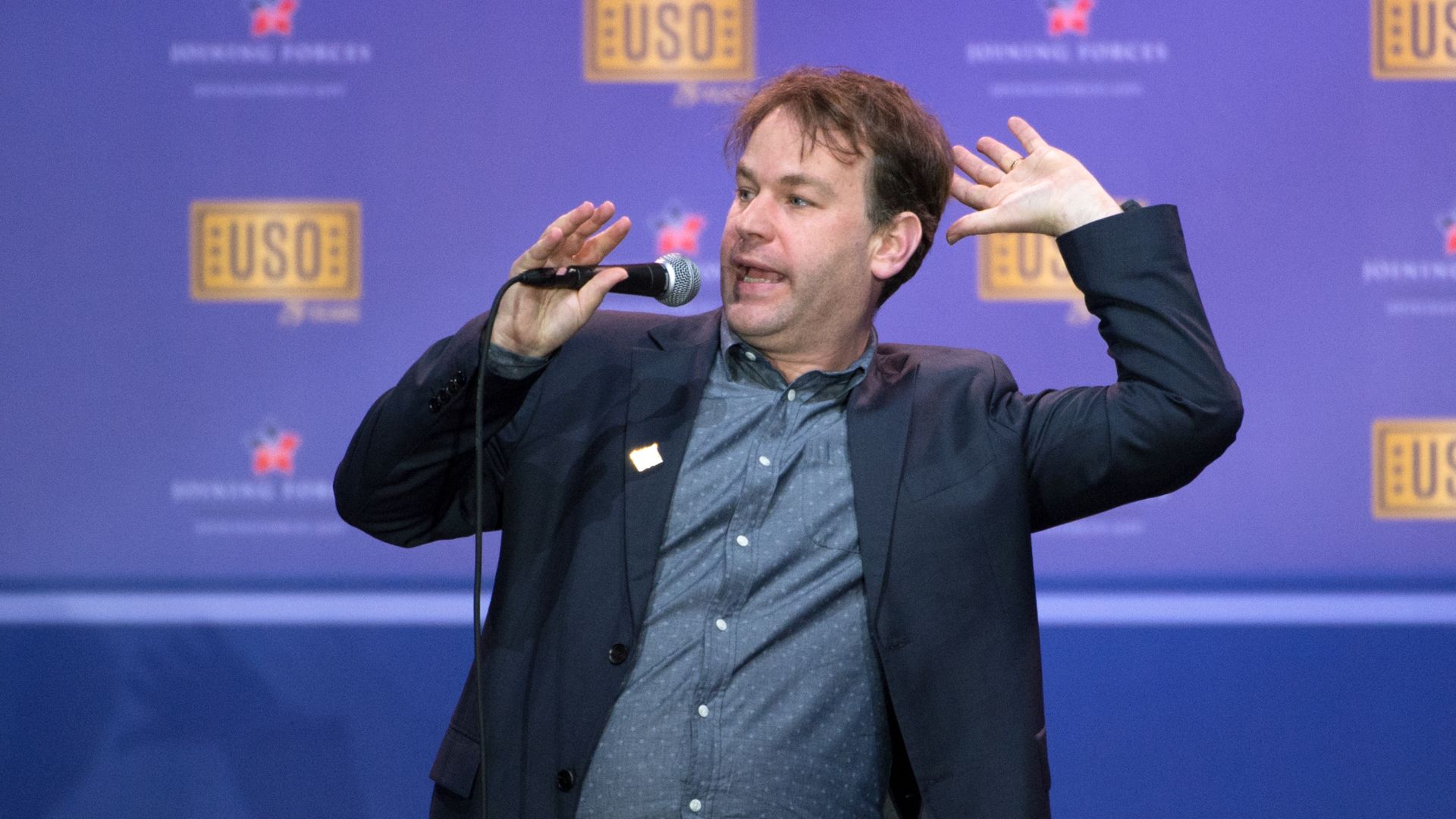 File:Comedian Mike Birbiglia performs during the comedy show in celebration of the 75th anniversary of the USO and the 5th anniversary of Joining Forces (26777224311).jpg