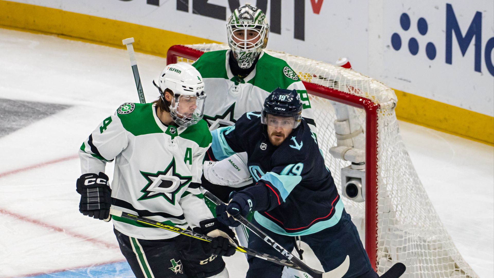 File:Dallas Stars at Seattle Kraken - May 13, 2023 - Round 2 Game 6 - Jake Oettinger, Jared McCann,.and Miro Heiskanen (52898955919).jpg