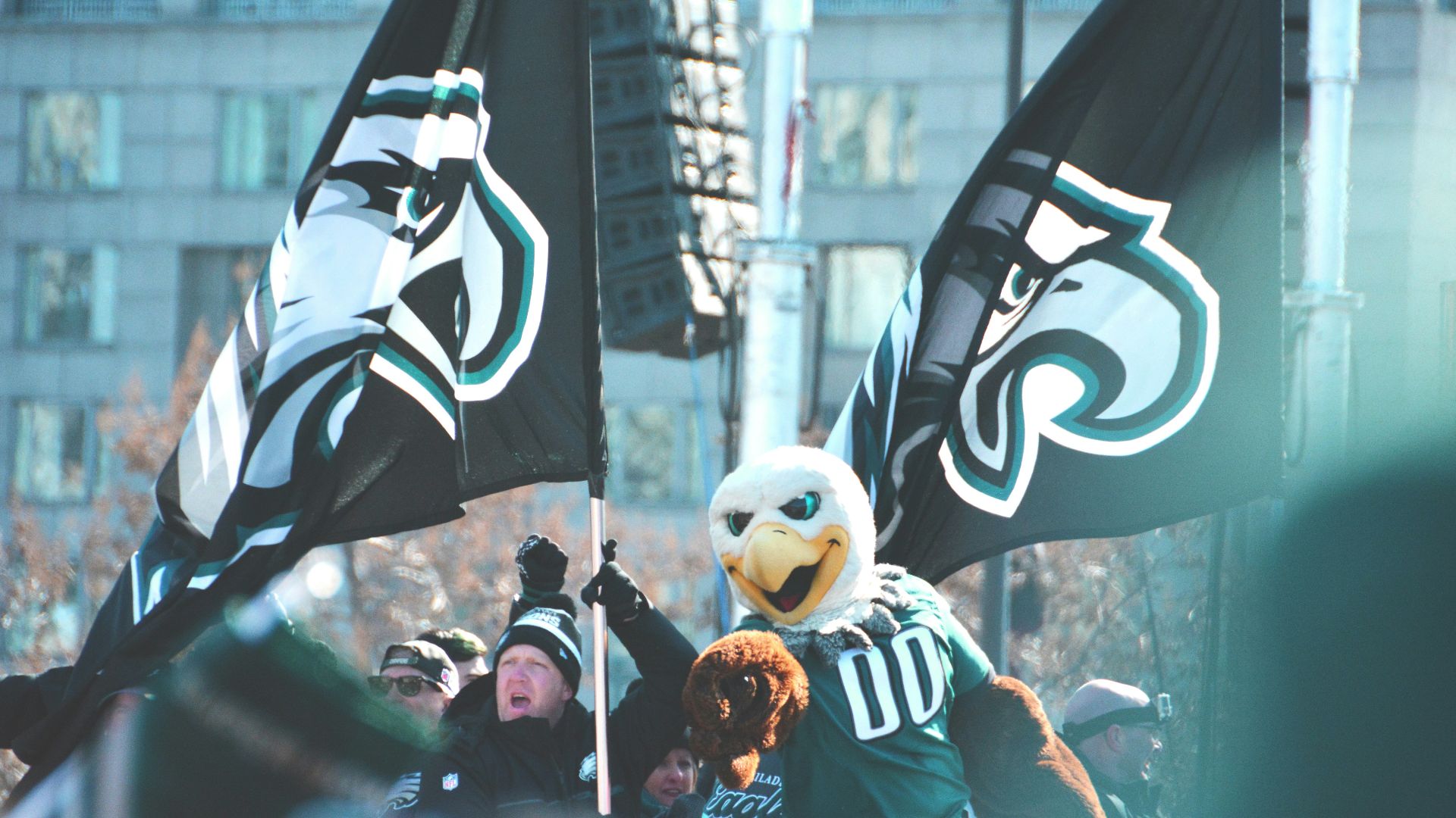 two Philadelphia Eagles flags