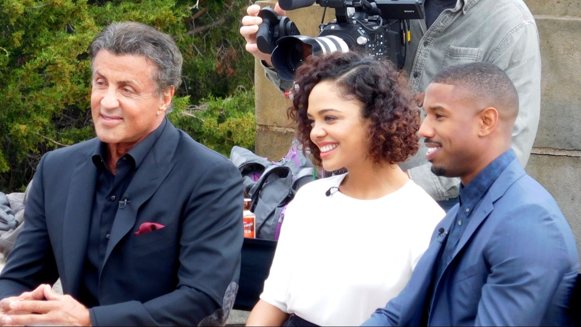 File:Sylvester Stallone, Tessa Thompson, and Michael B. Jordan promoting Creed at the Philadelphia Art Museum.JPG