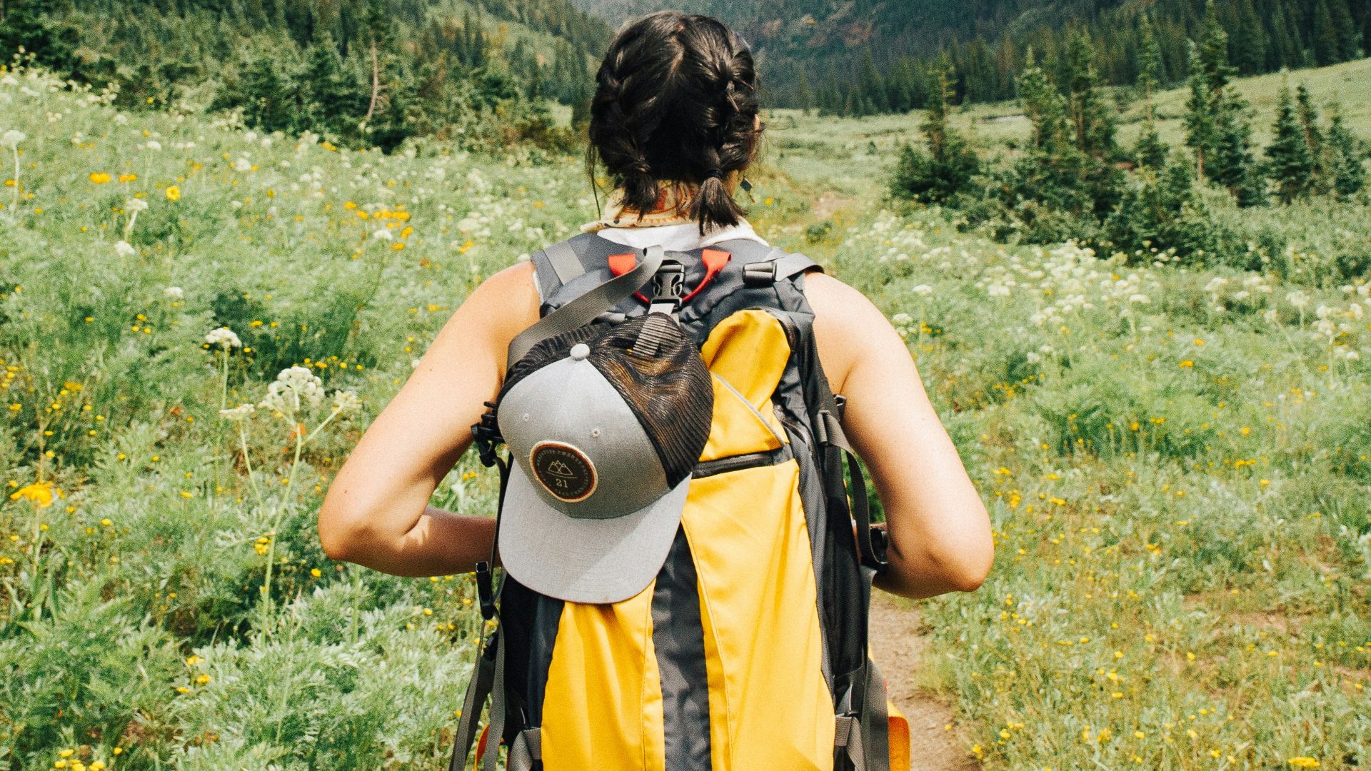 person carrying yellow and black backpack walking between green plants