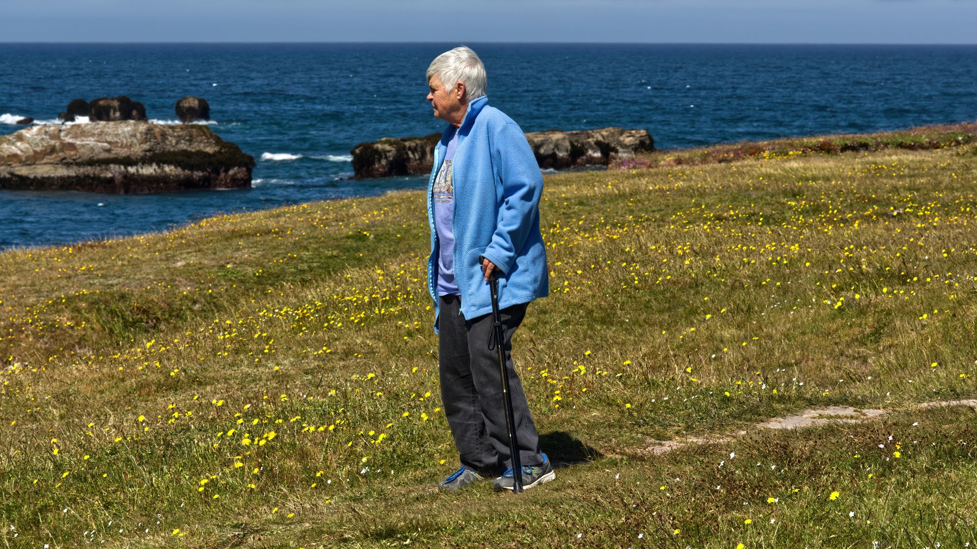 man in blue jacket standing on green grass field near body of water during daytime