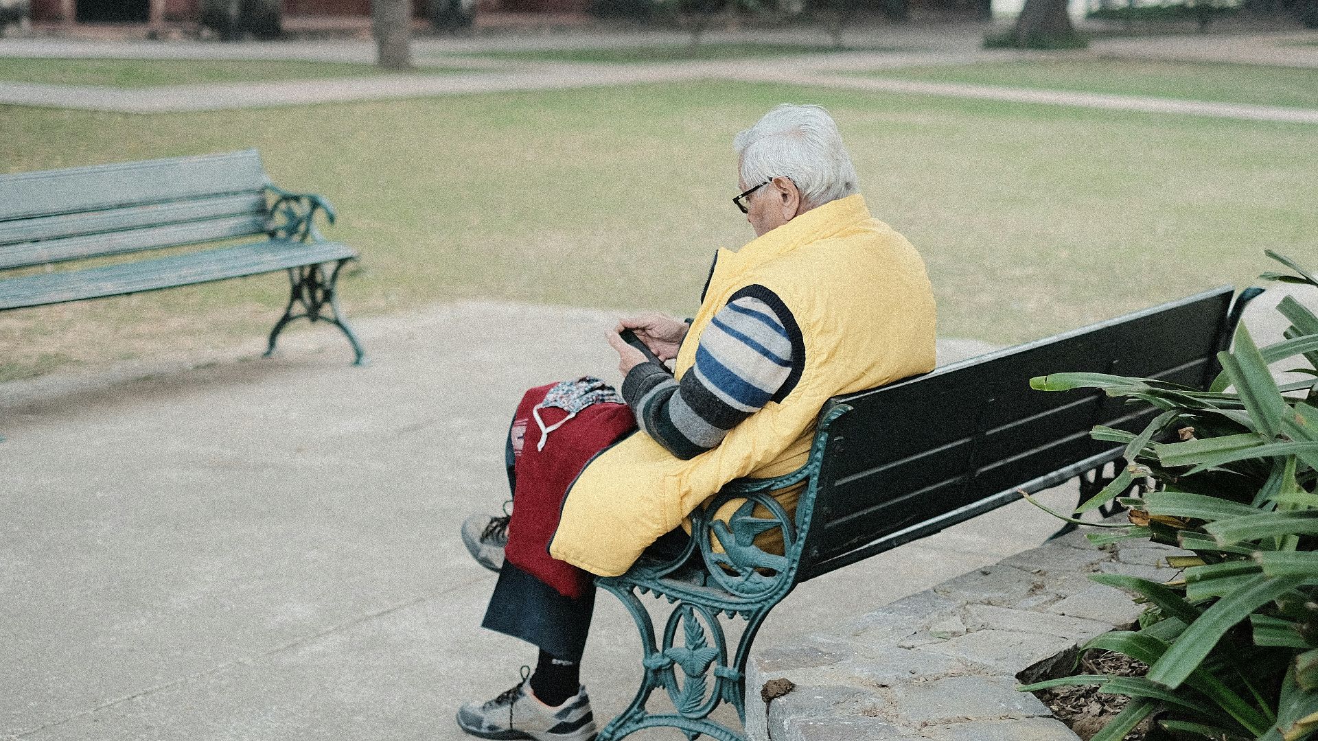 a man sitting on a bench in a park