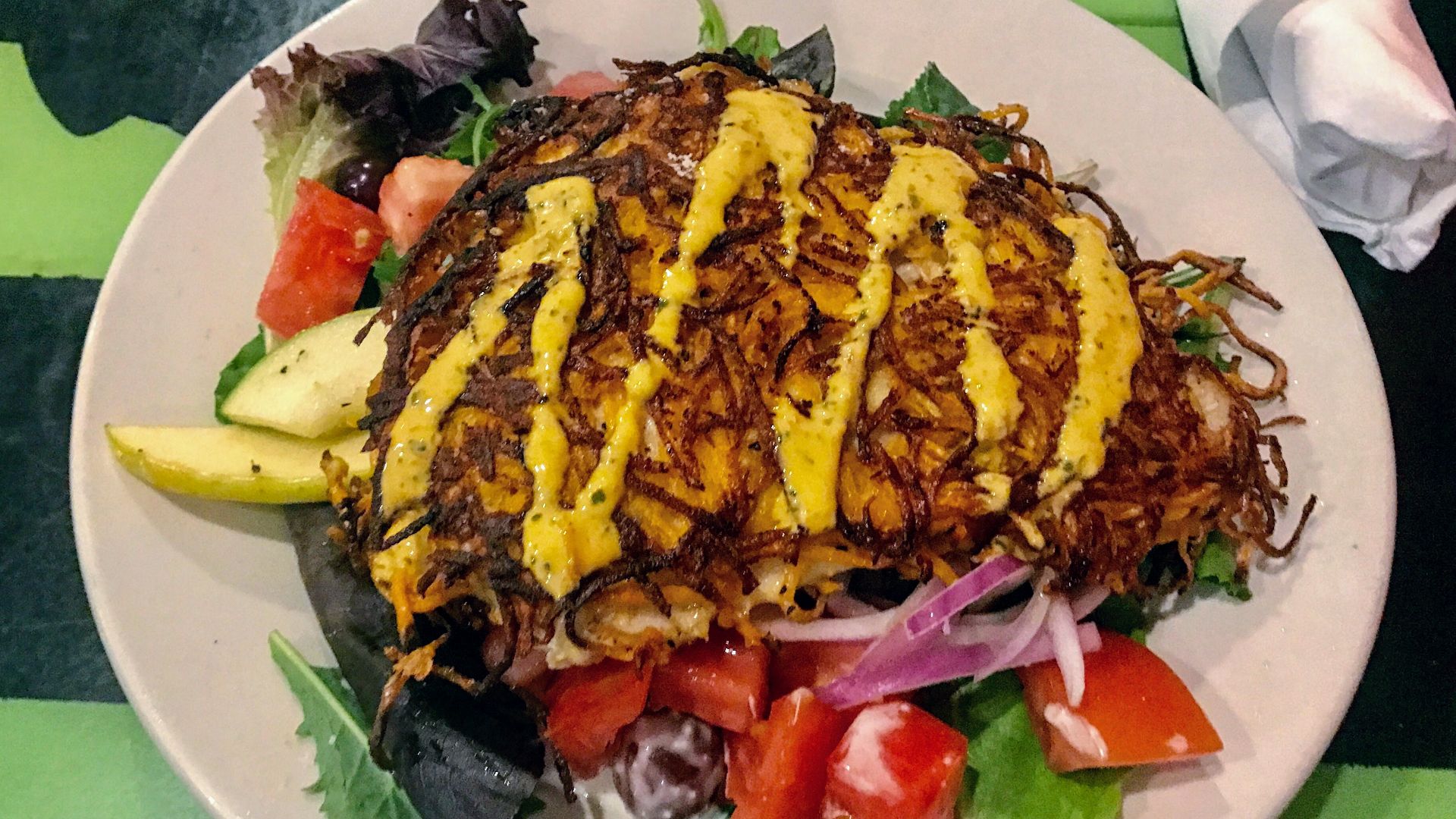 File:Sweet Potato Crusted Salmon on Salad with Ranch Style Dressing.jpg