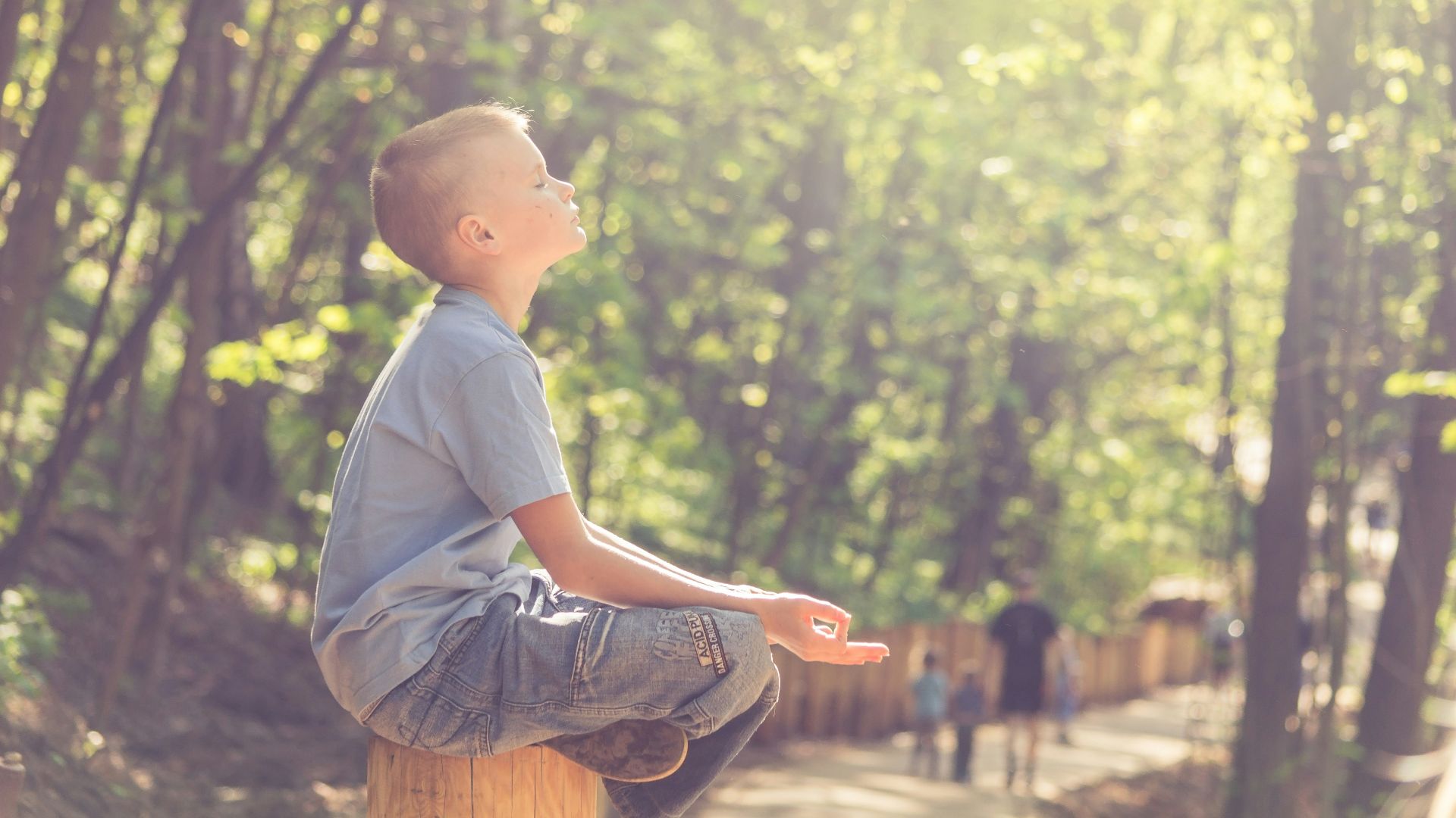 man in blue t-shirt and brown pants sitting on brown wooden seat during daytime