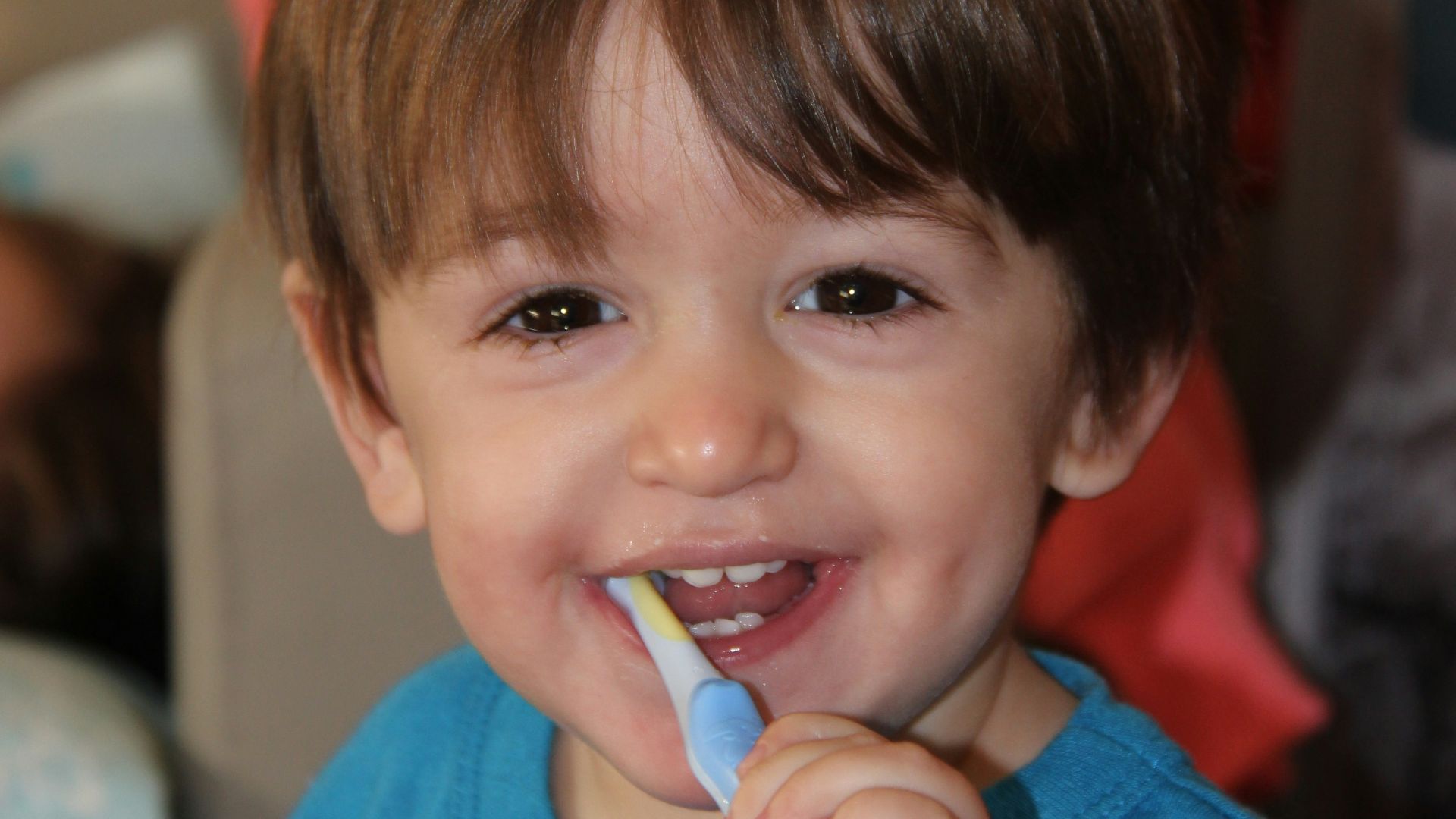 boy in blue crew neck shirt holding blue and white plastic toy