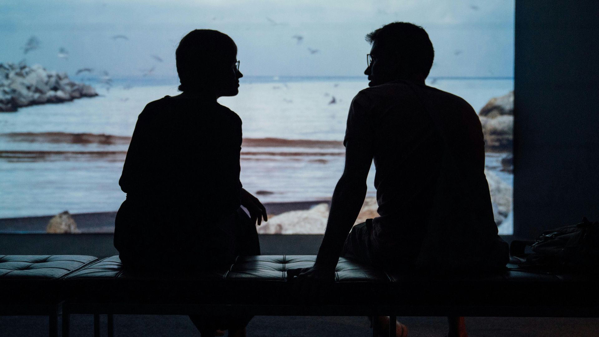 silhouette of man and woman sitting on ottoman