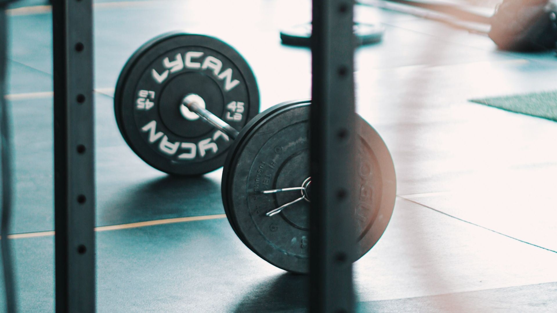 a gym with a barbell and weight plates
