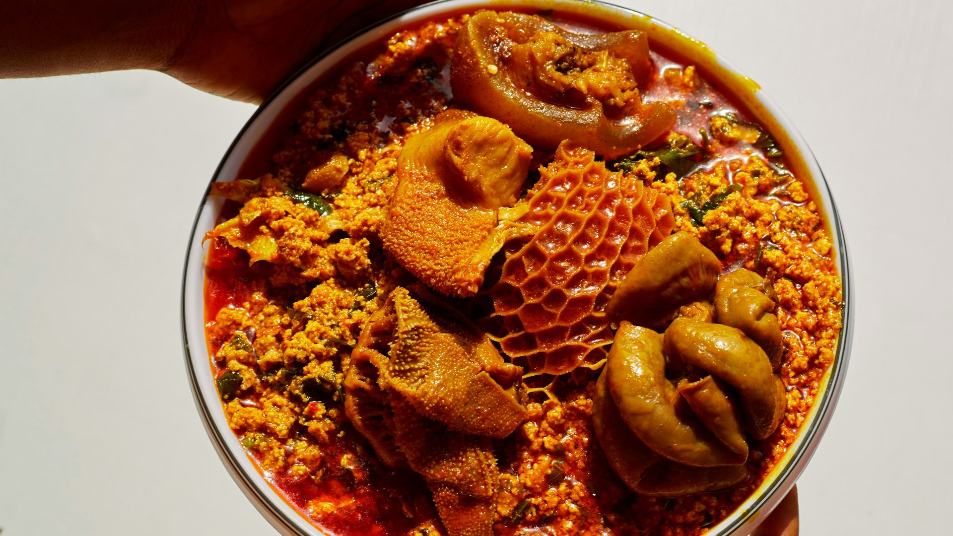 Hands holding a bowl of egusi soup with assorted meats.