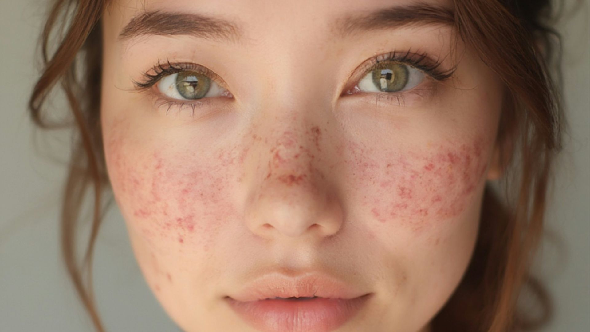 A young woman with freckles on her face