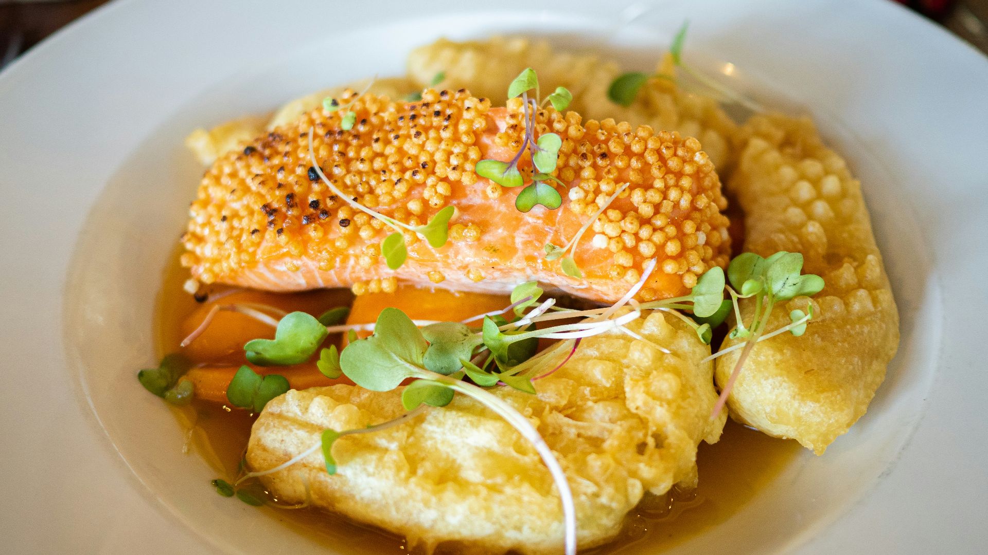 white ceramic plate with brown and white food