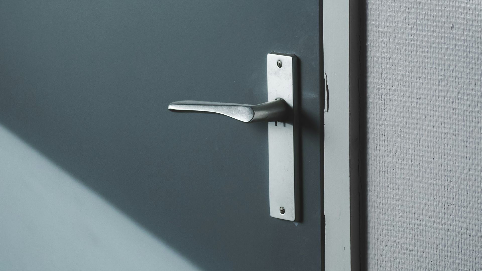 silver door lever on gray door