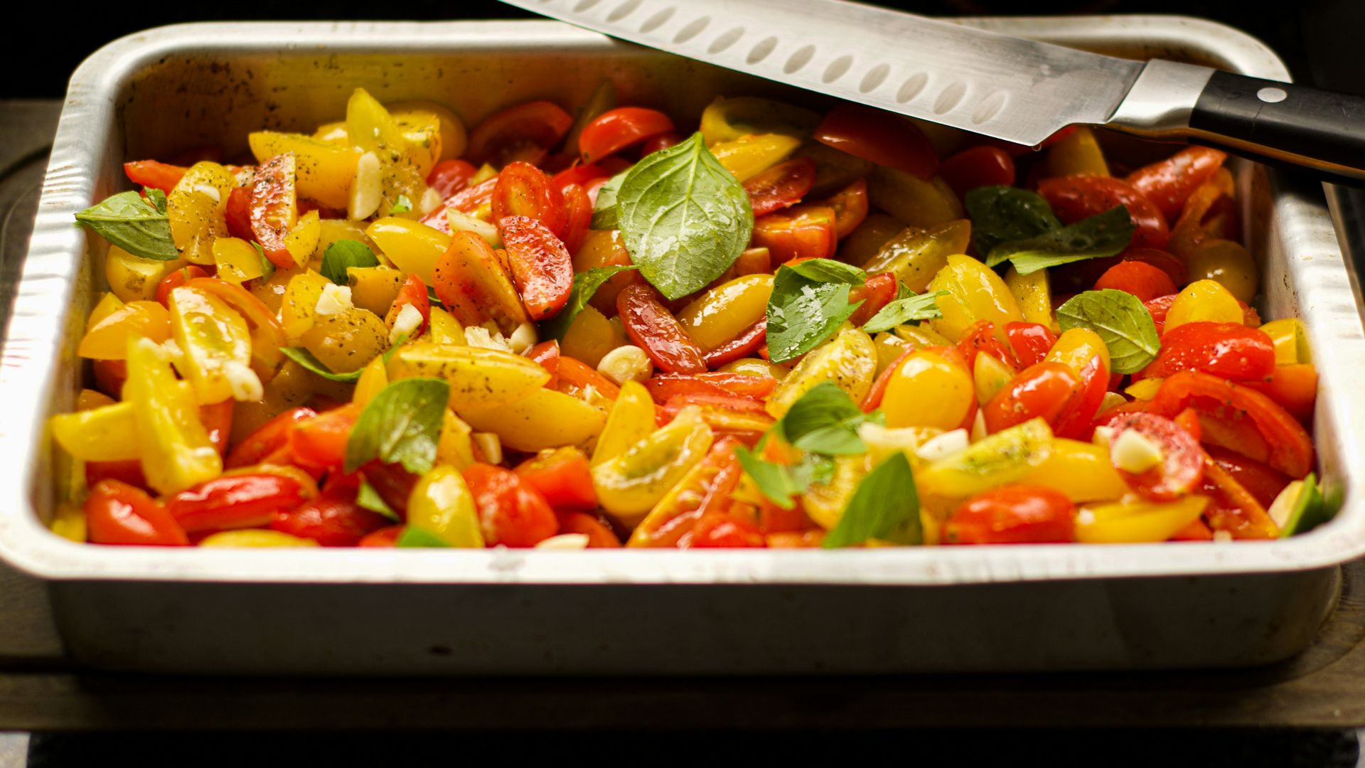 vegetable salad on gray tray