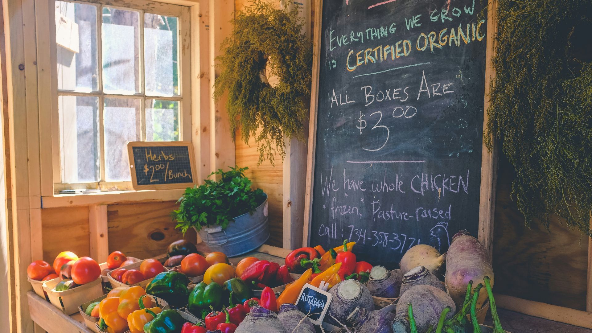 variety of vegetables display with Certified Organic signage