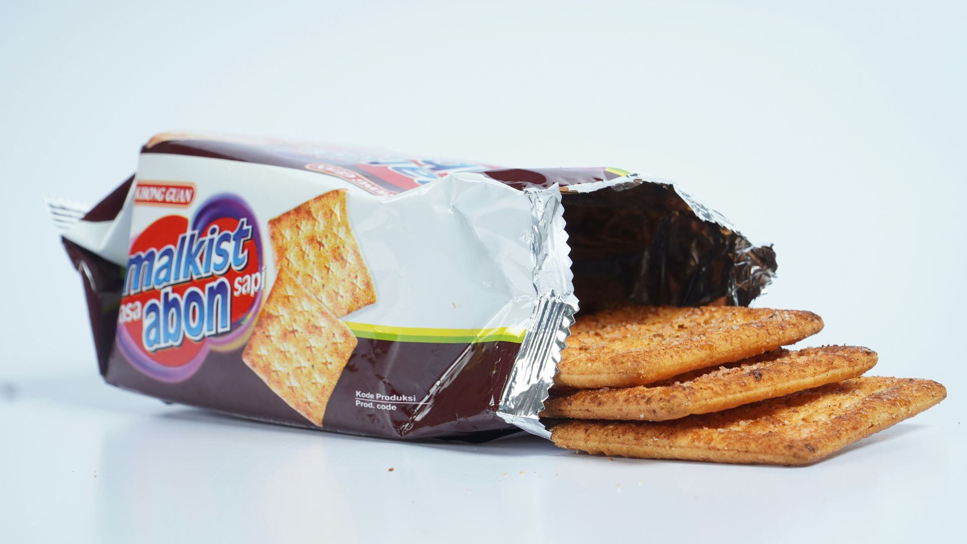 a bag of crackers sitting on top of a white table