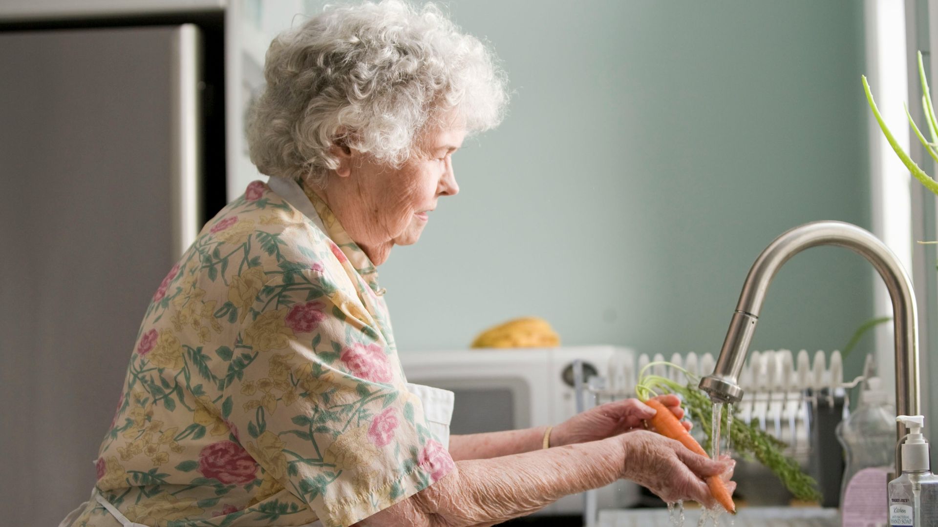 woman wearing yellow and pink floral dress wahing carrots