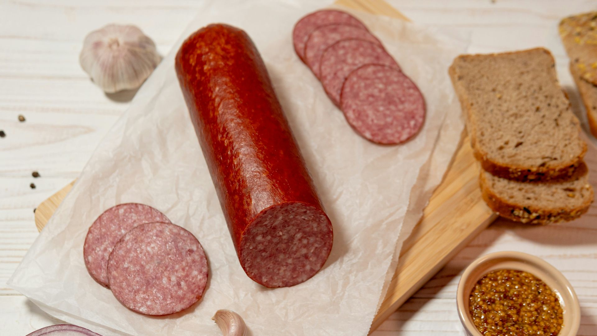 A whole sausage with sliced pieces and bread