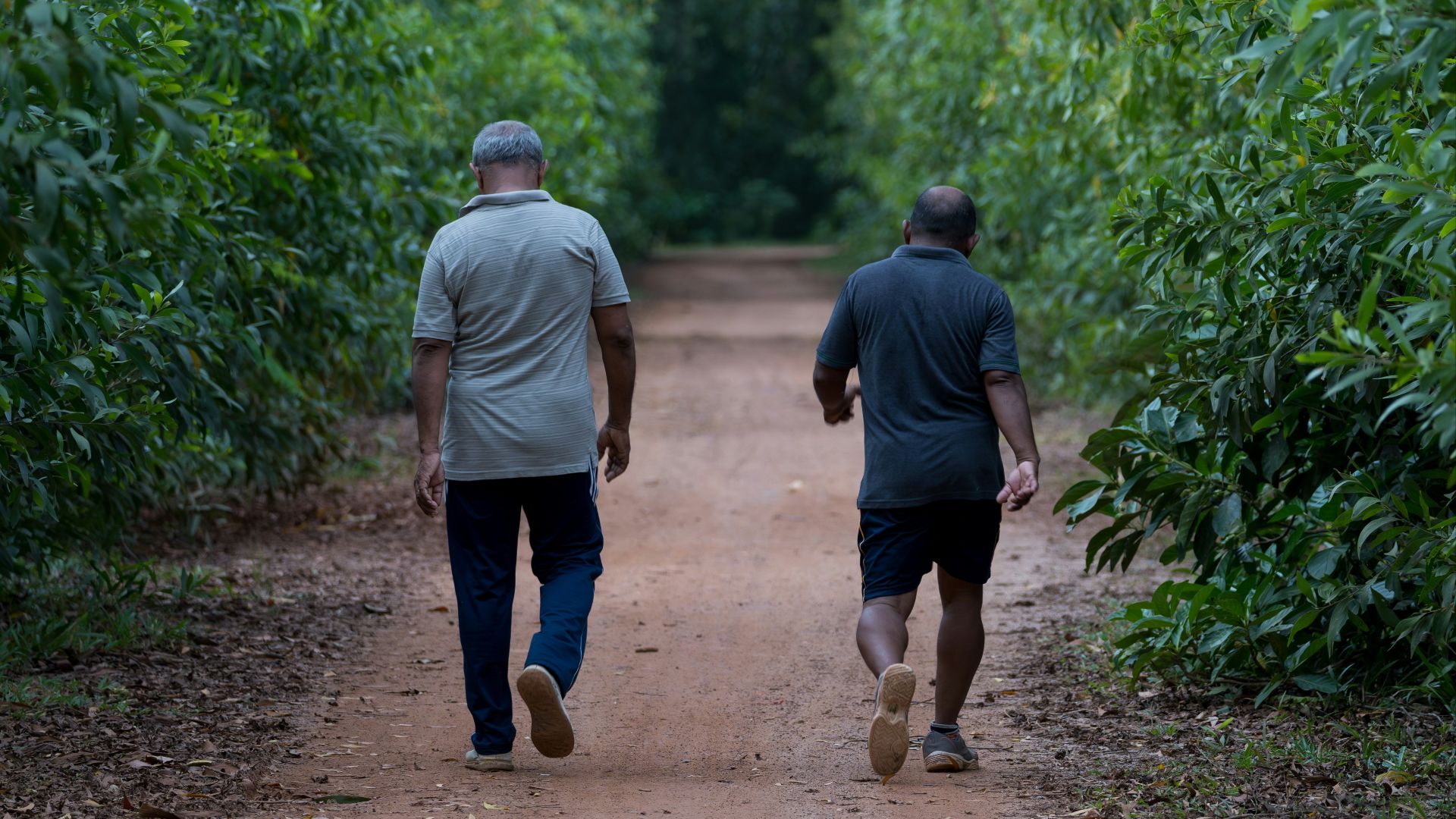 a couple of men walking down a dirt road