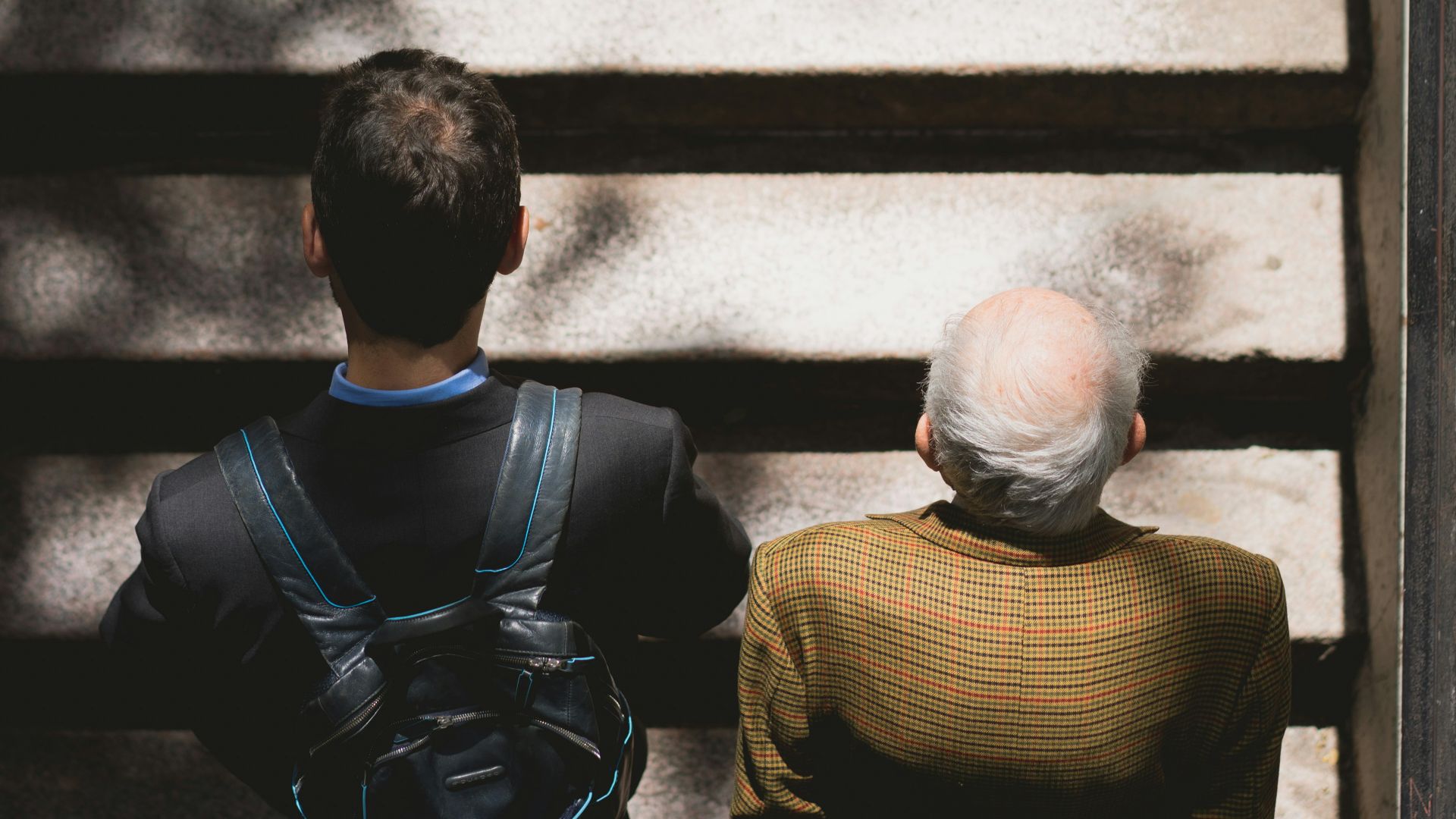 men walking on stairs