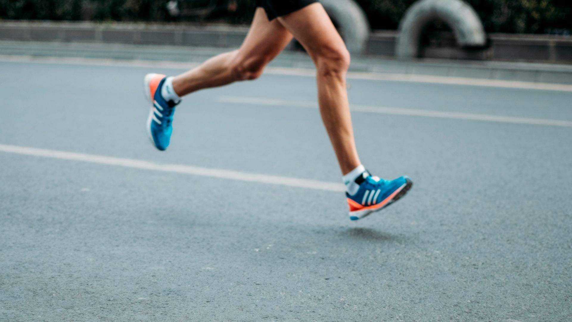 pair of blue-and-white Adidas running shoes