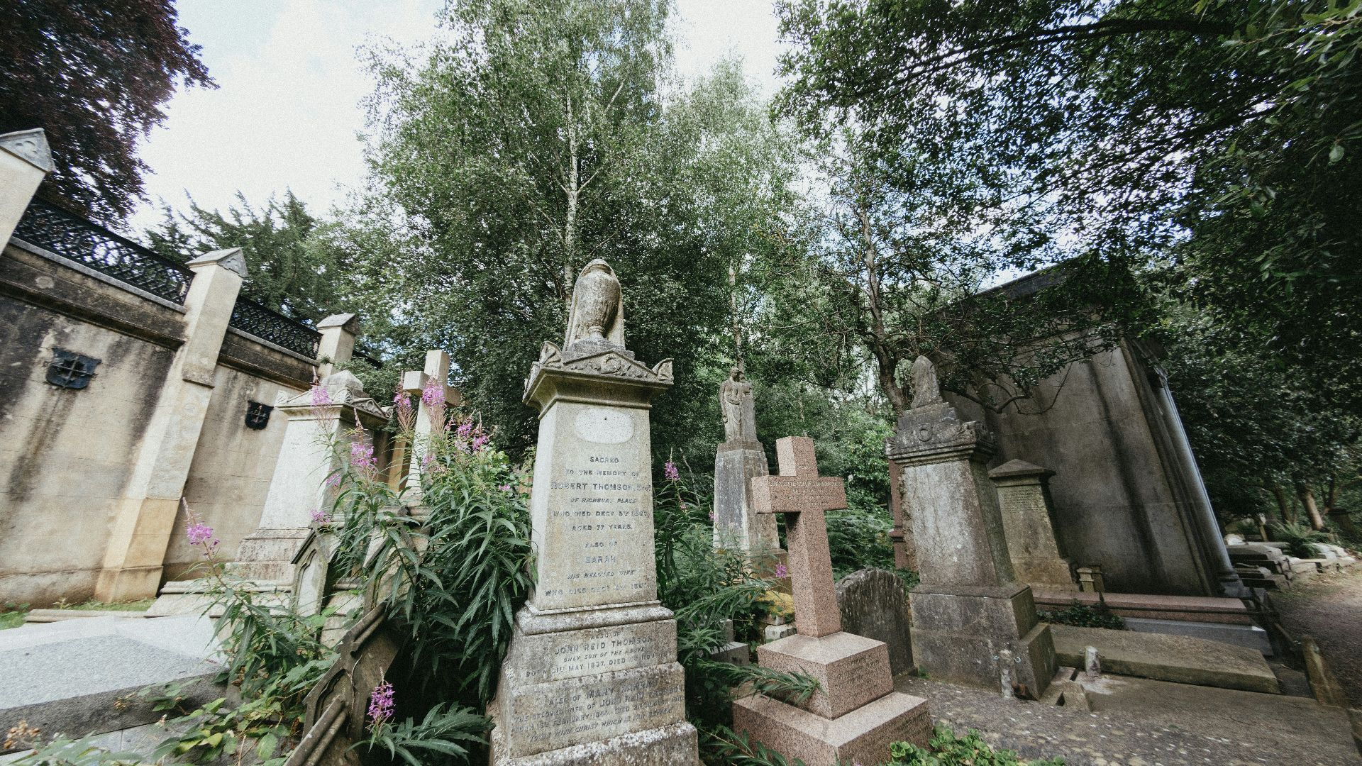 A cemetery with many headstones and trees