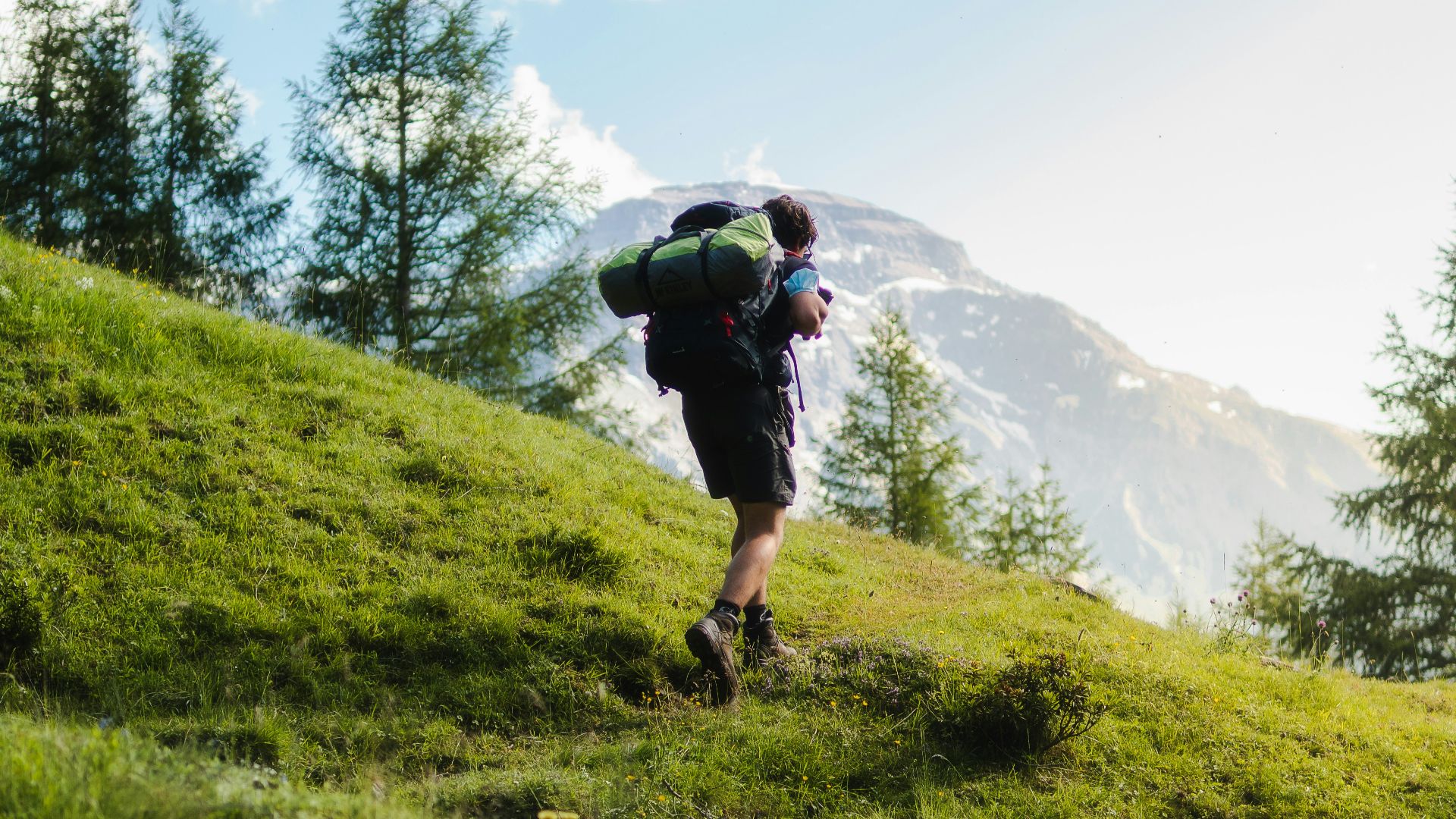 man in black jacket and black backpack walking on green grass field during daytime