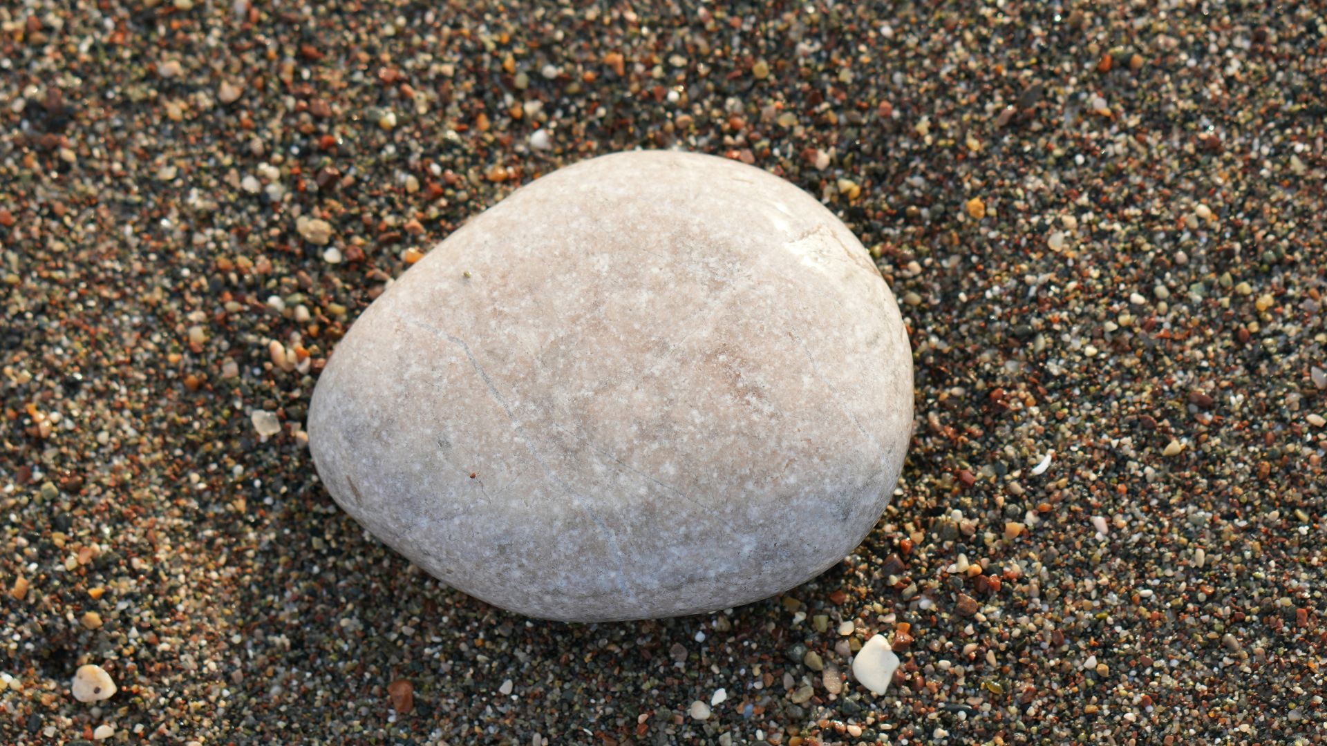 A single white stone rests on dark sand.