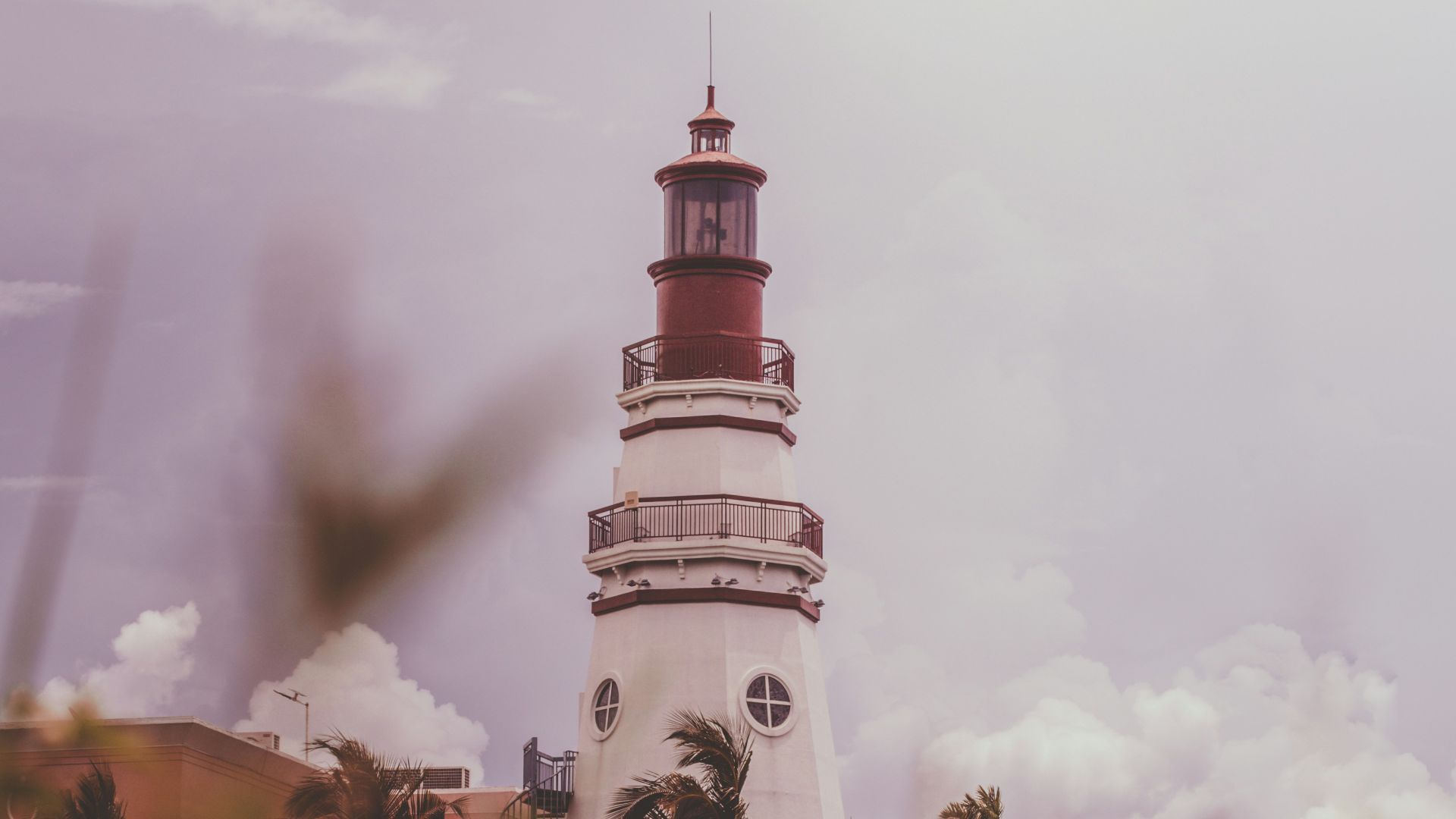 a white and red lighthouse surrounded by palm trees