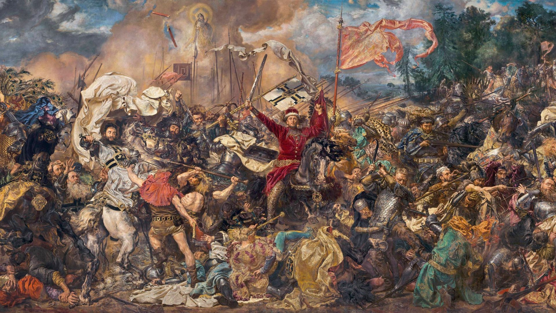 people riding horses in a forest painting