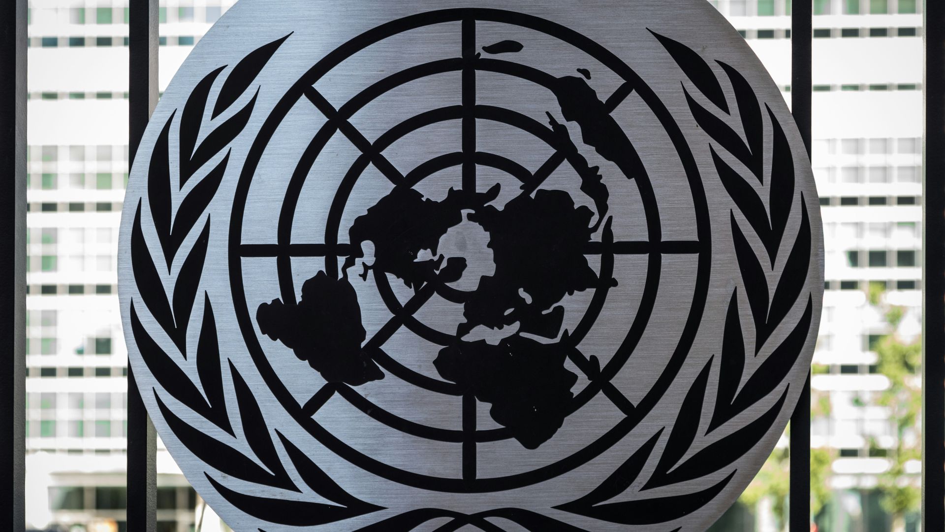 the united nations emblem is on display in front of a window