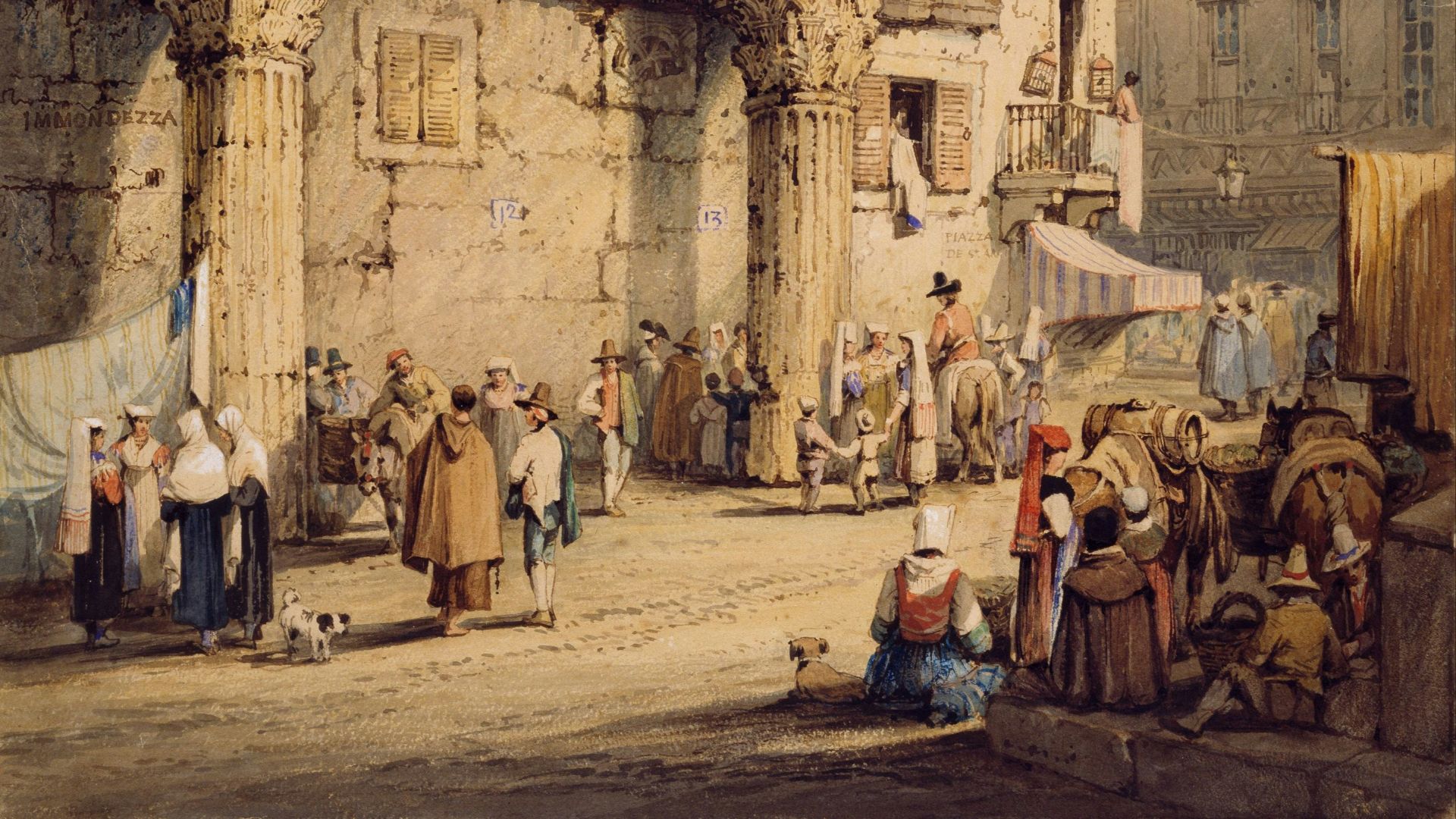 brown painting of people beside buildings