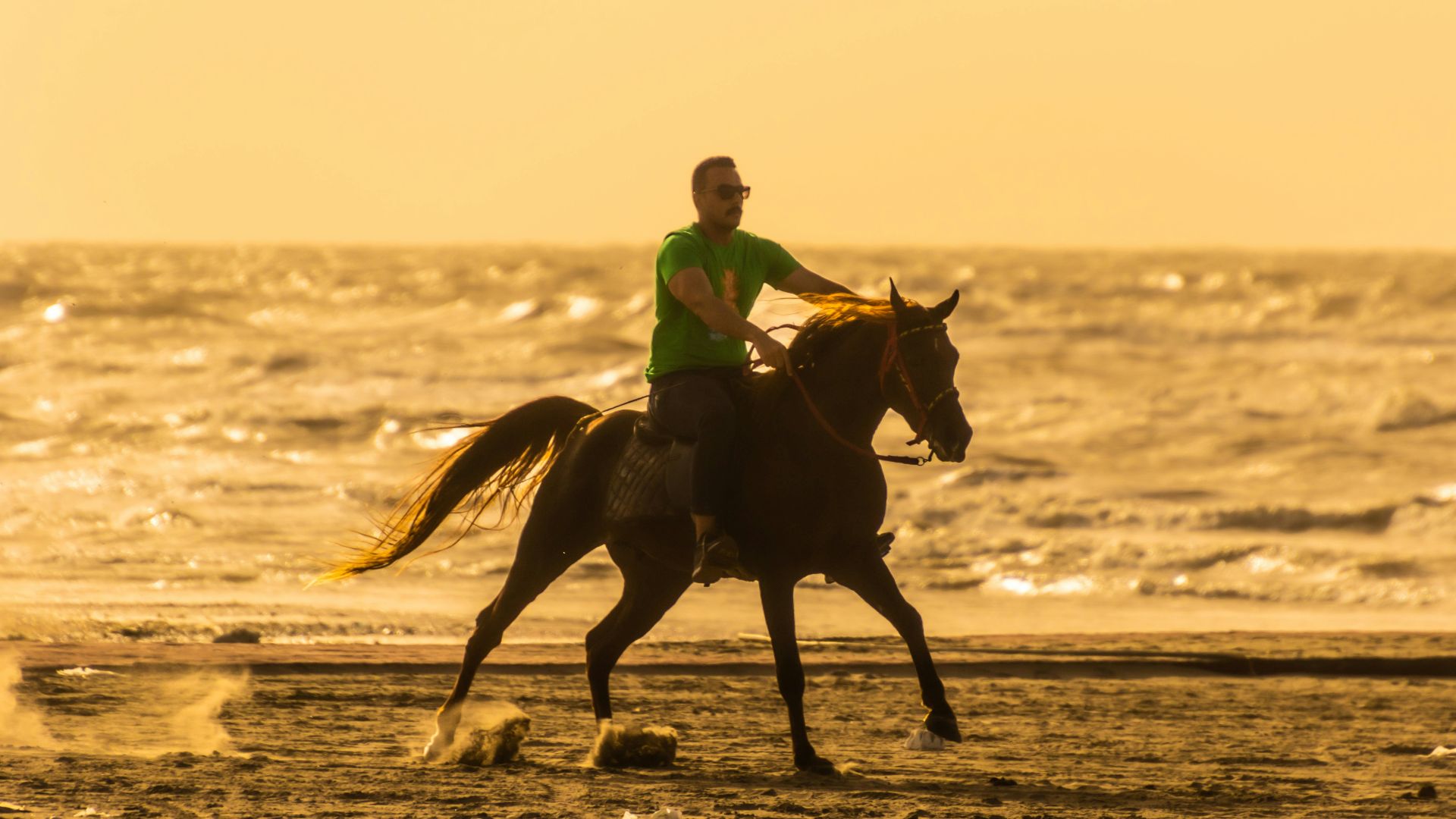 a man riding a horse on the beach