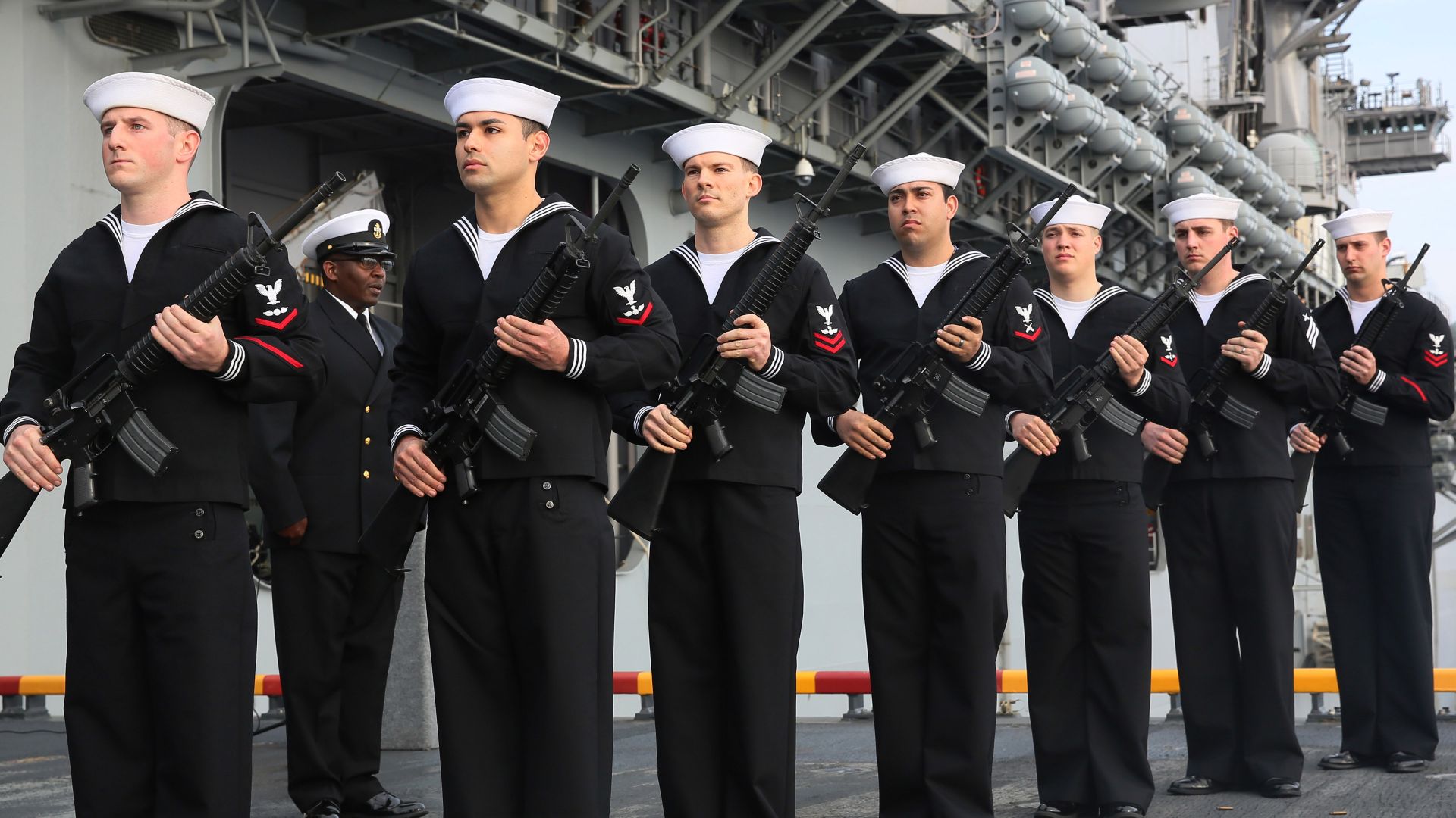 File:U.S. Sailors return to position after firing a volley during a burial at sea March 19, 2013, aboard the amphibious assault ship USS Kearsarge (LHD 3) in the Atlantic Ocean 130319-N-SB587-485.jpg