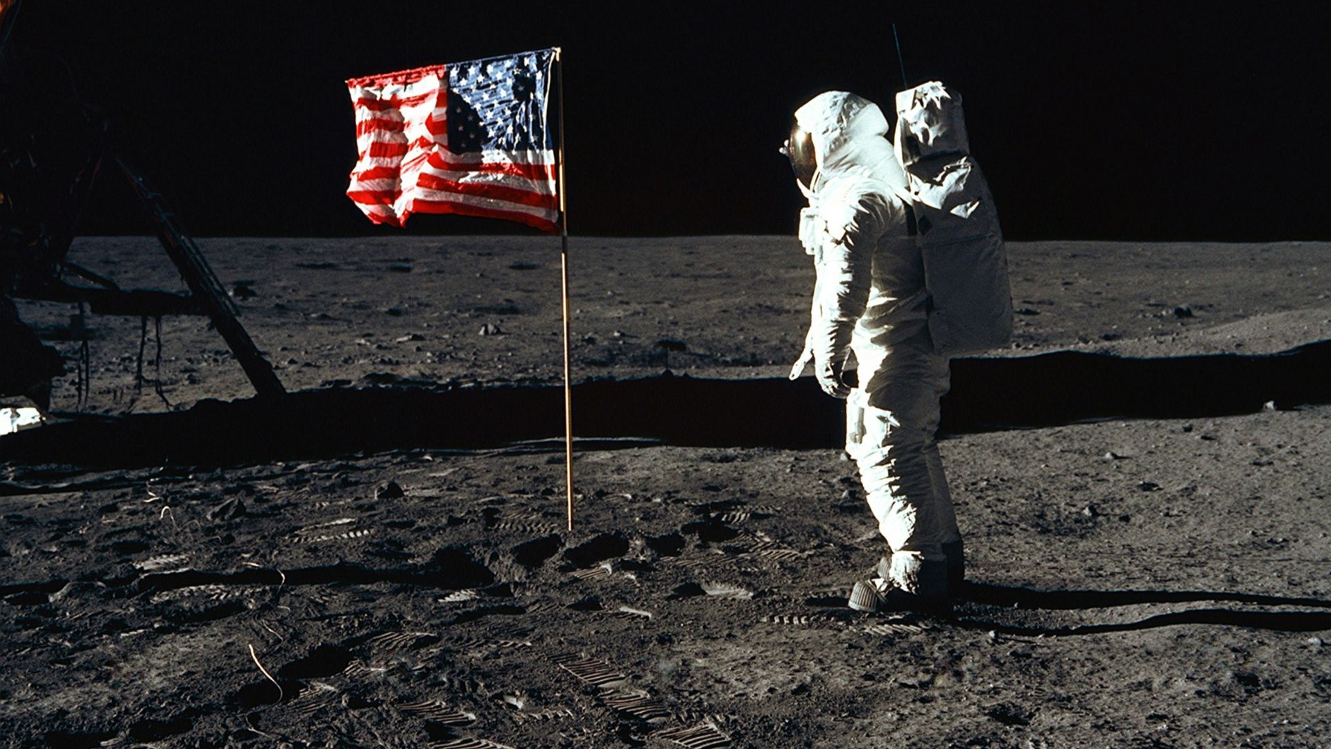Buzz Aldrin on the moon in front of the US flag