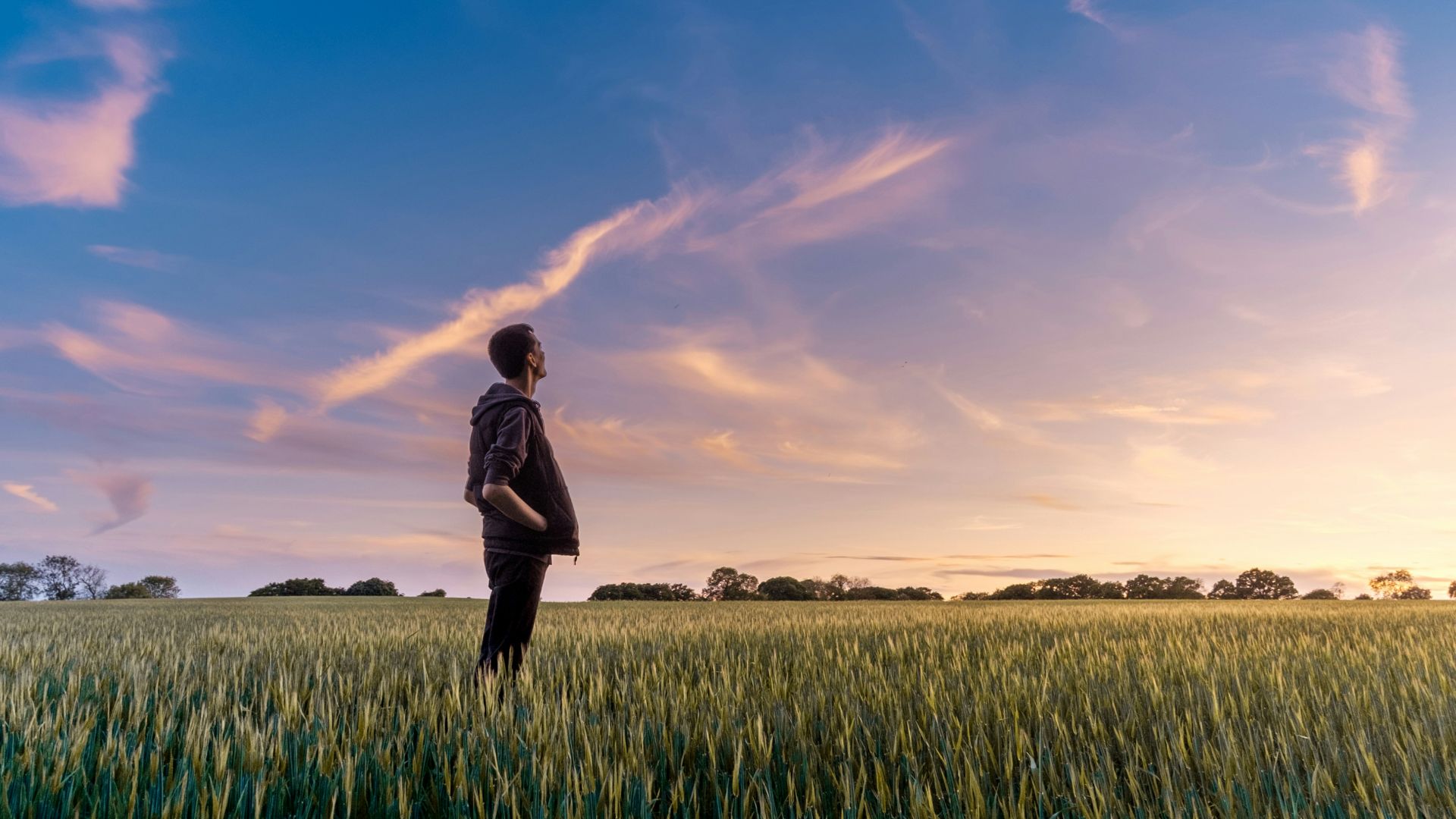 man on grass field looking at sky