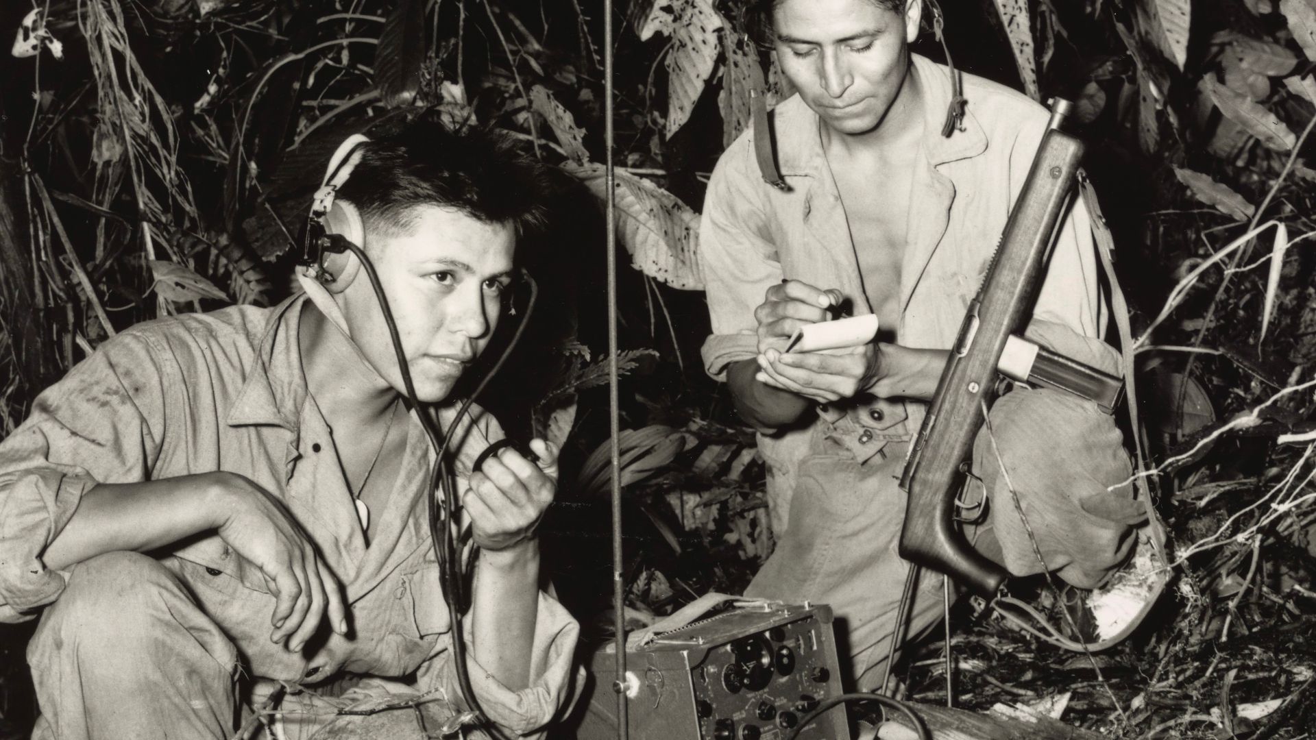 File:Navajo Code Talkers US Marine Corp WWII - CROP - Cpl. Henry Blake Jr., (left) and PFC George H. Kirk, Navajo Indians serving with a Marine Signal Unit.jpg