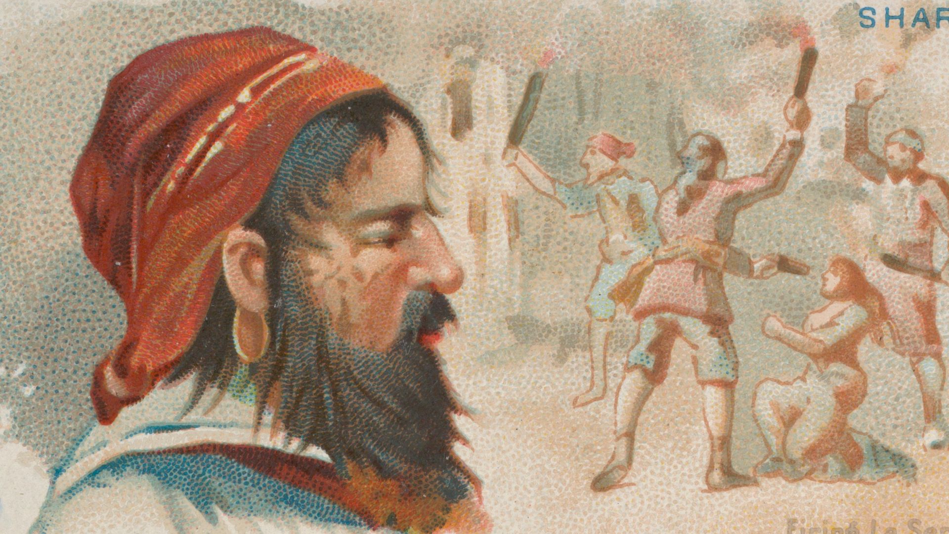 File:Bartholomew Sharp, Firing La Serena, from the Pirates of the Spanish Main series (N19) for Allen & Ginter Cigarettes MET DP835006.jpg