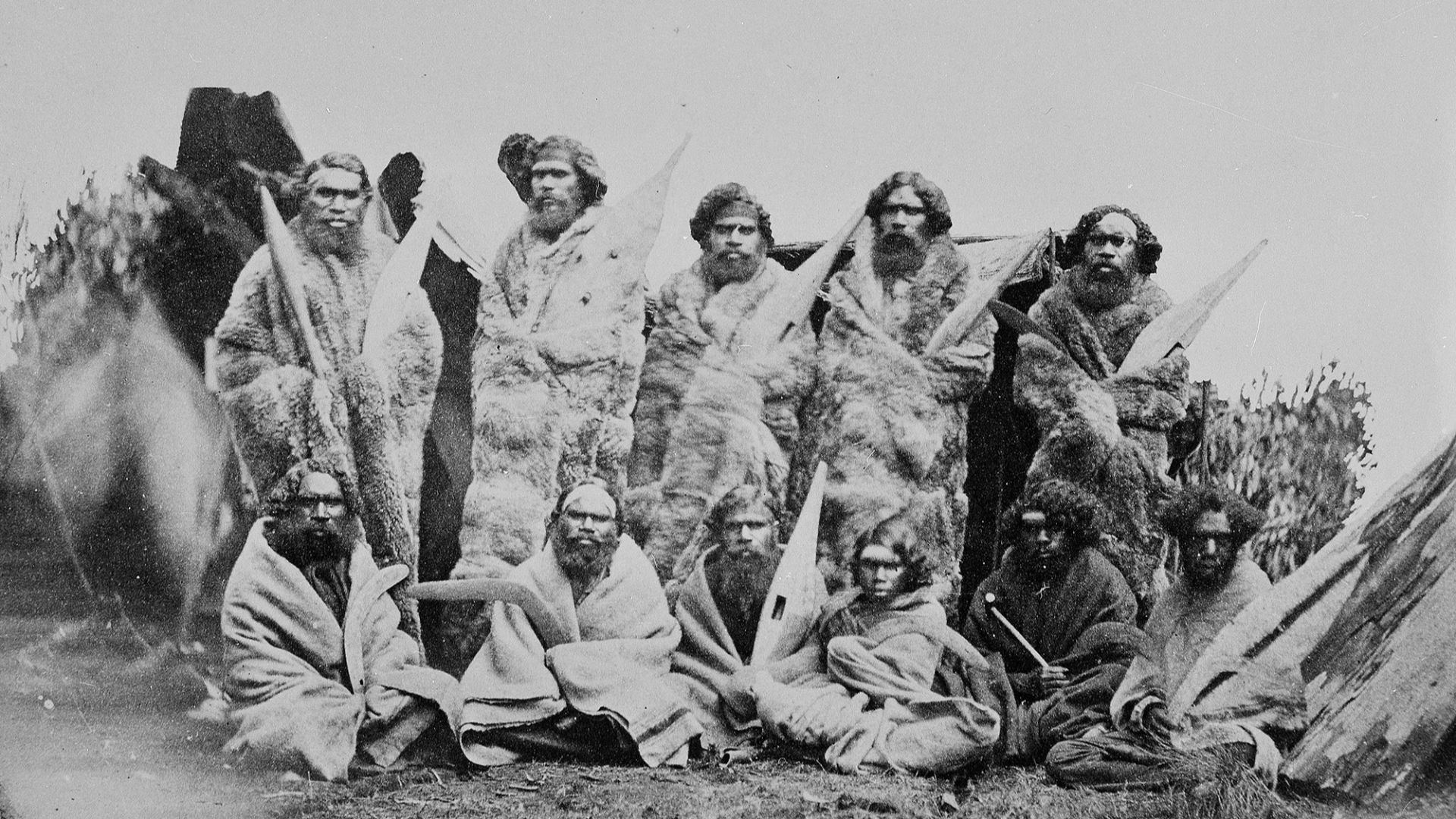 File:A group of Aboriginal men in possum skin cloaks and blankets in 1858 at Penshurst in Victoria.jpg