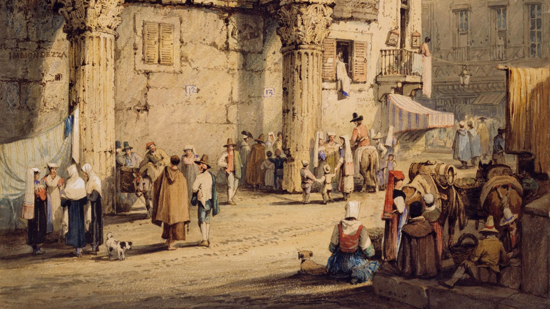 brown painting of people beside buildings