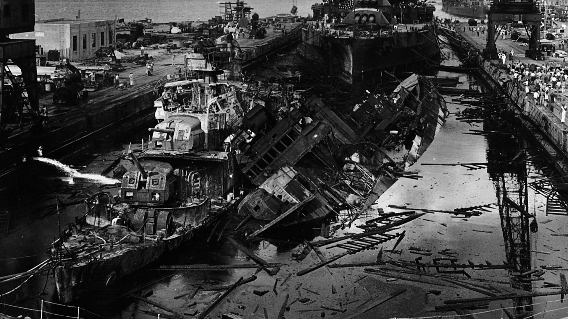 File:USS Downes (DD-375), USS Cassin (DD-372) and USS Pennsylvania (BB-38) in Dry Dock No. 1 at the Pearl Harbor Naval Shipyard, 7 December 1941 (306533).jpg