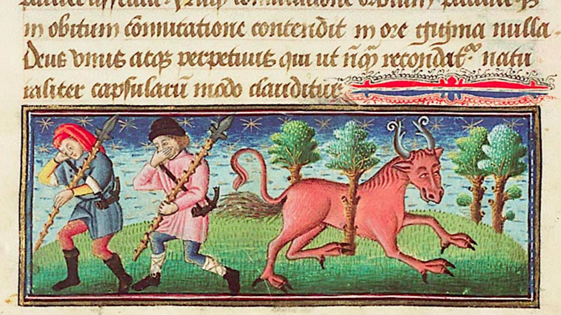 File:Medieval miniature book illustration of Bonnacon (bonasus or bonacho) legendary animal expelling caustic feces etc. The Hague, MMW, 10 B 25, ca. 1450, f. 8r publicdomainreview.org.jpg
