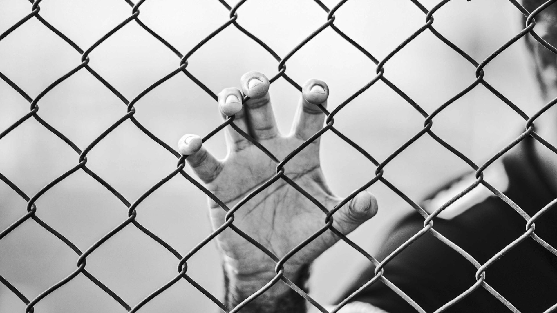 man holding chain-link fence