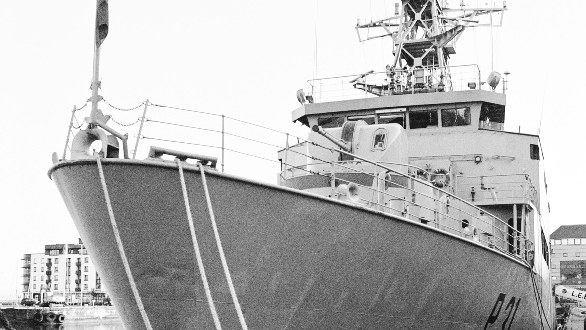 grayscale photo of ship on water