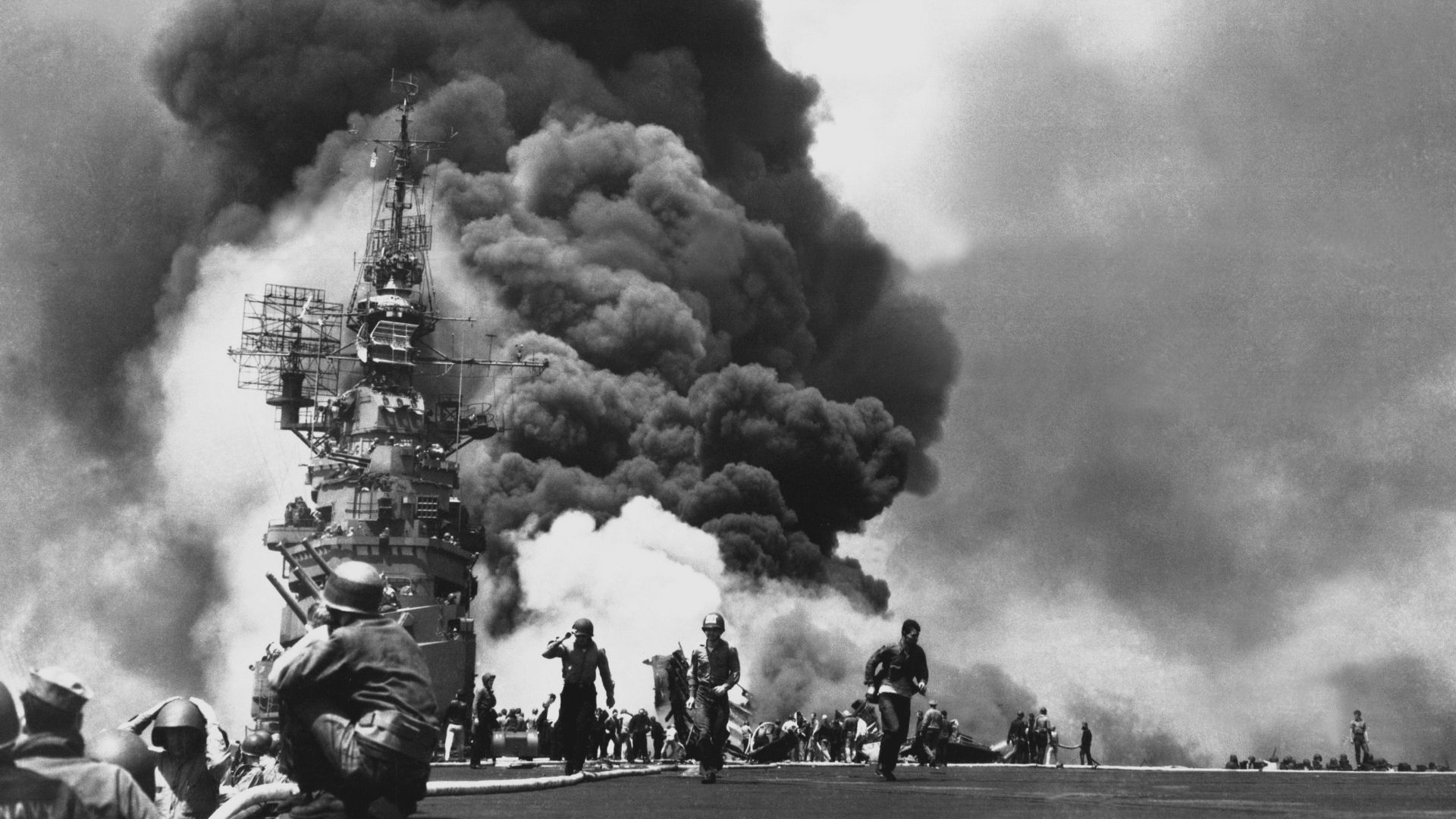 File:USS Bunker Hill hit by two Kamikazes.jpg