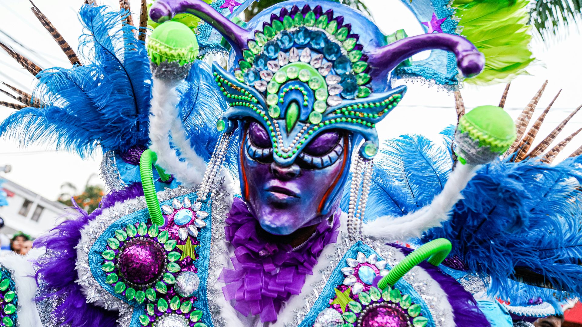 a man in a colorful costume with feathers on his head