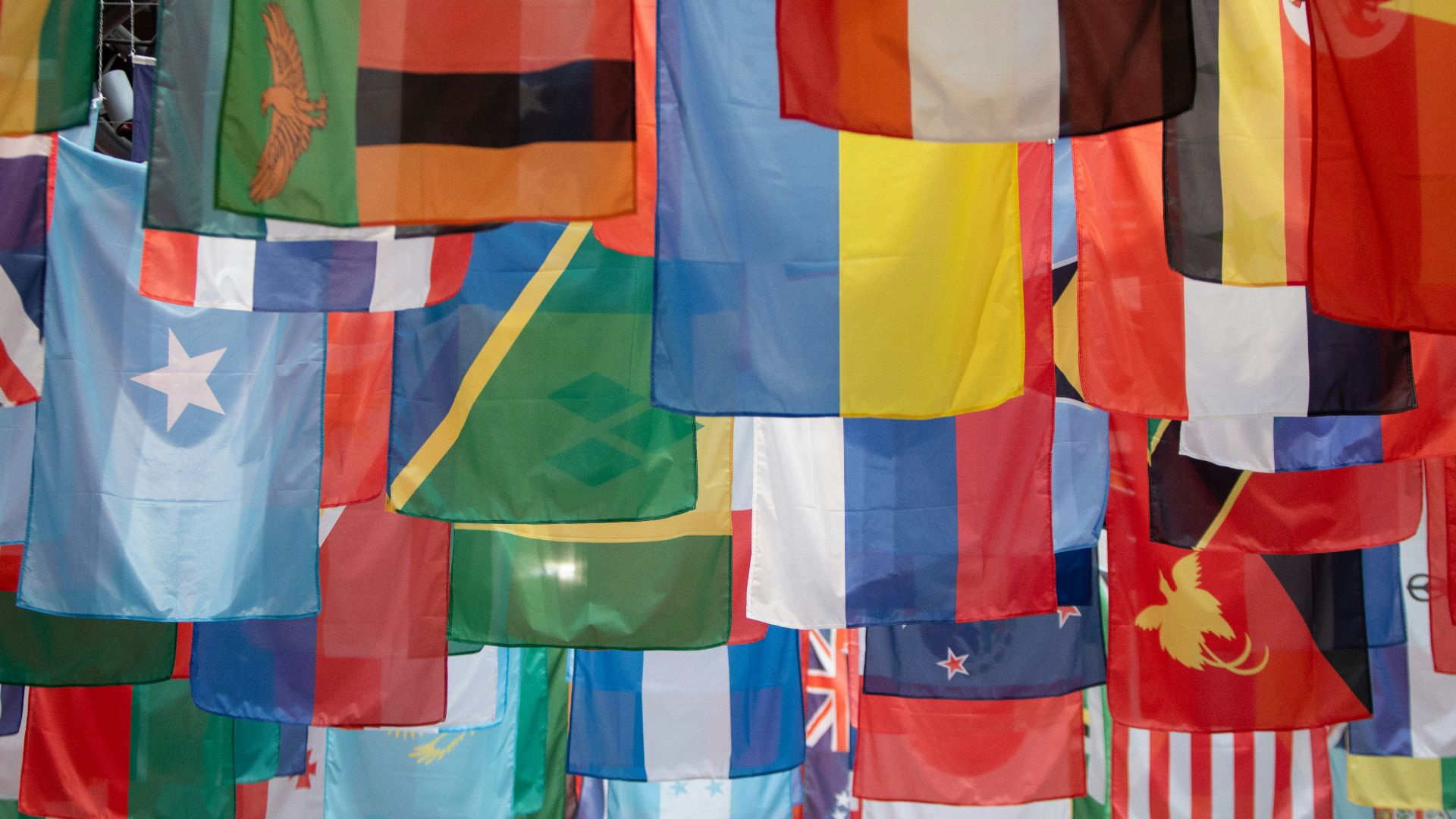 a bunch of flags hanging from a pole